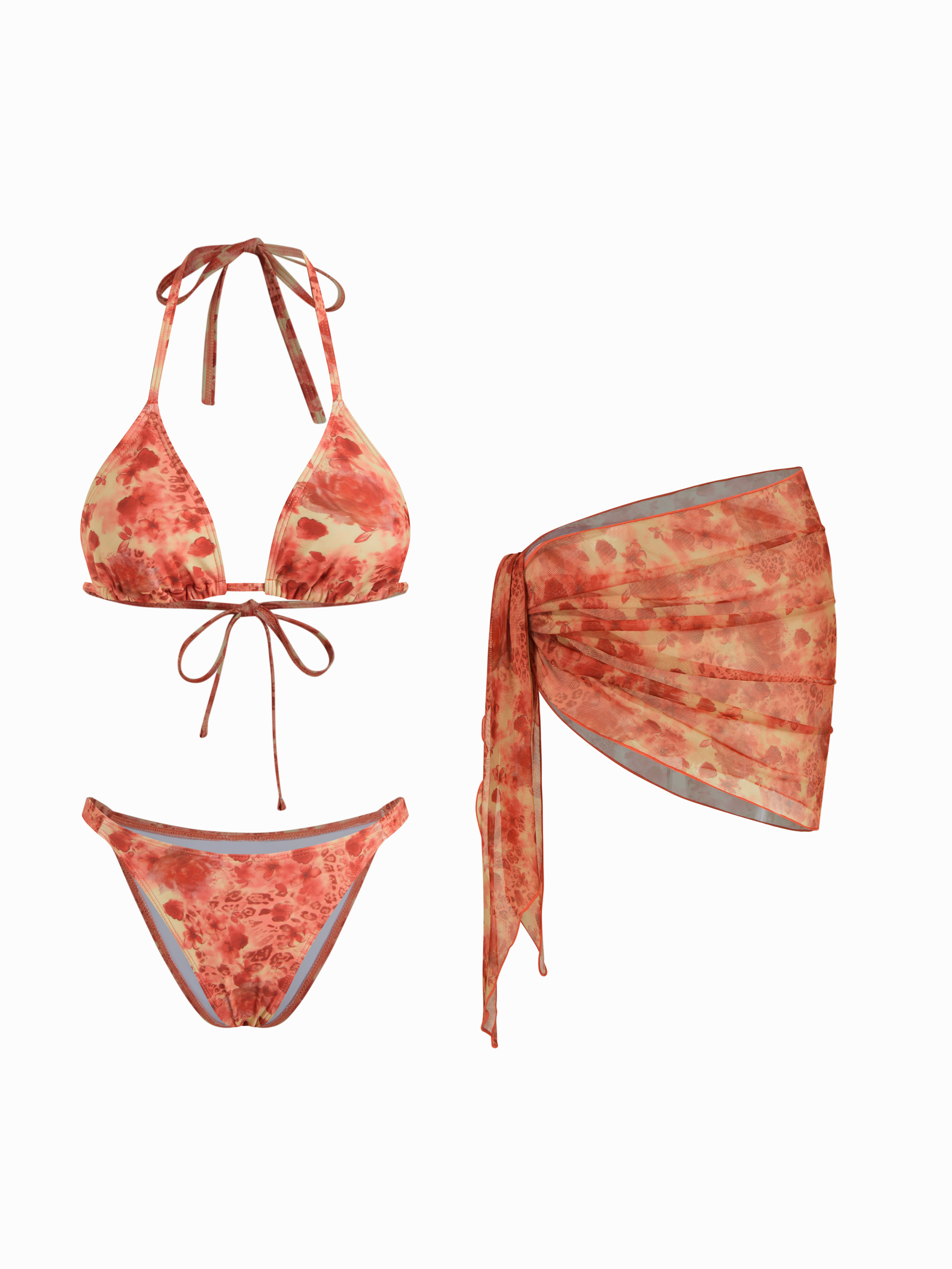 V-neck Floral Leopard Halter Cheeky Bikini Set With Sarong
