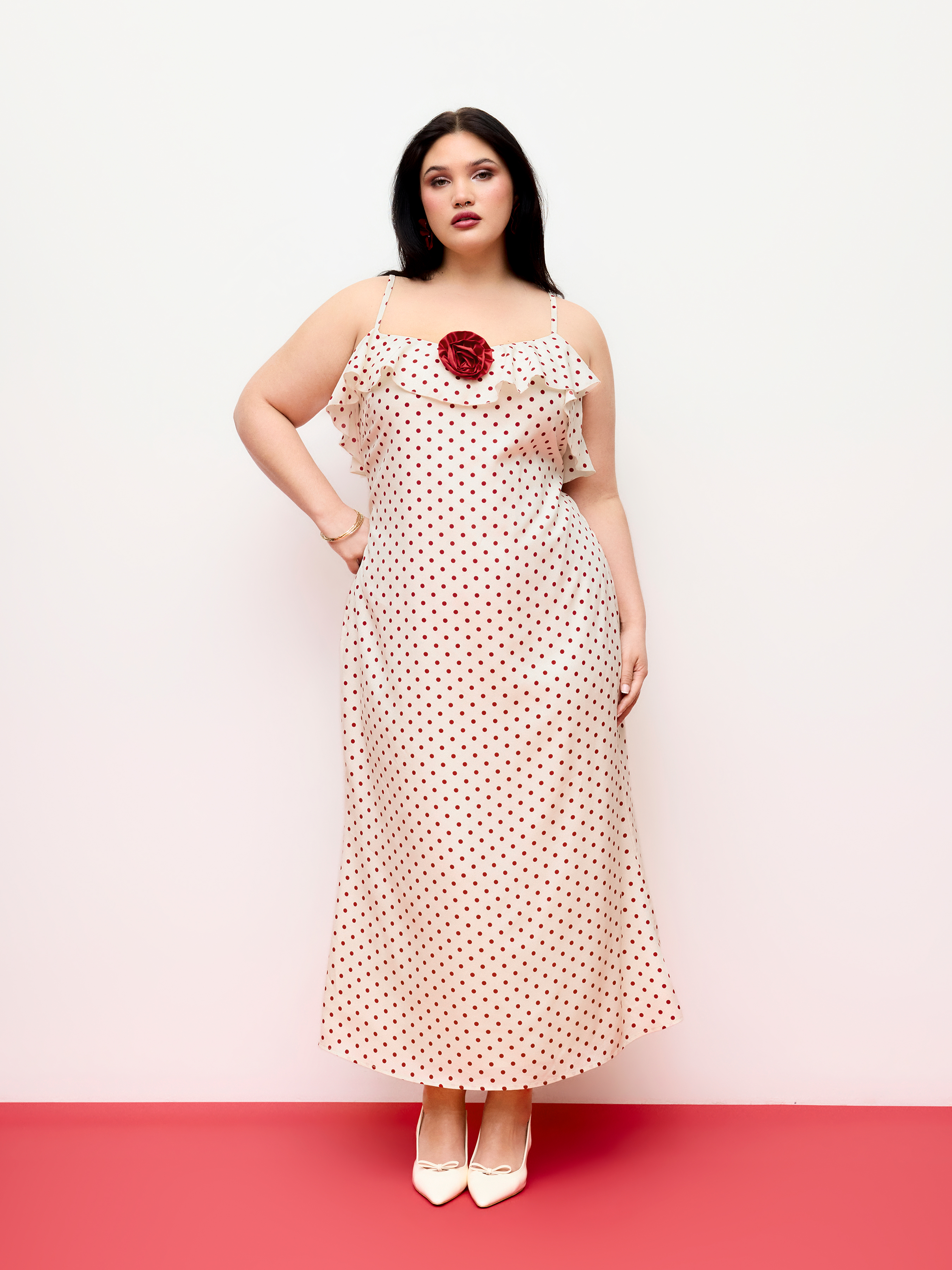 Satin Polka Dot V-Neck Ruffle Maxi Dress Curve & Plus