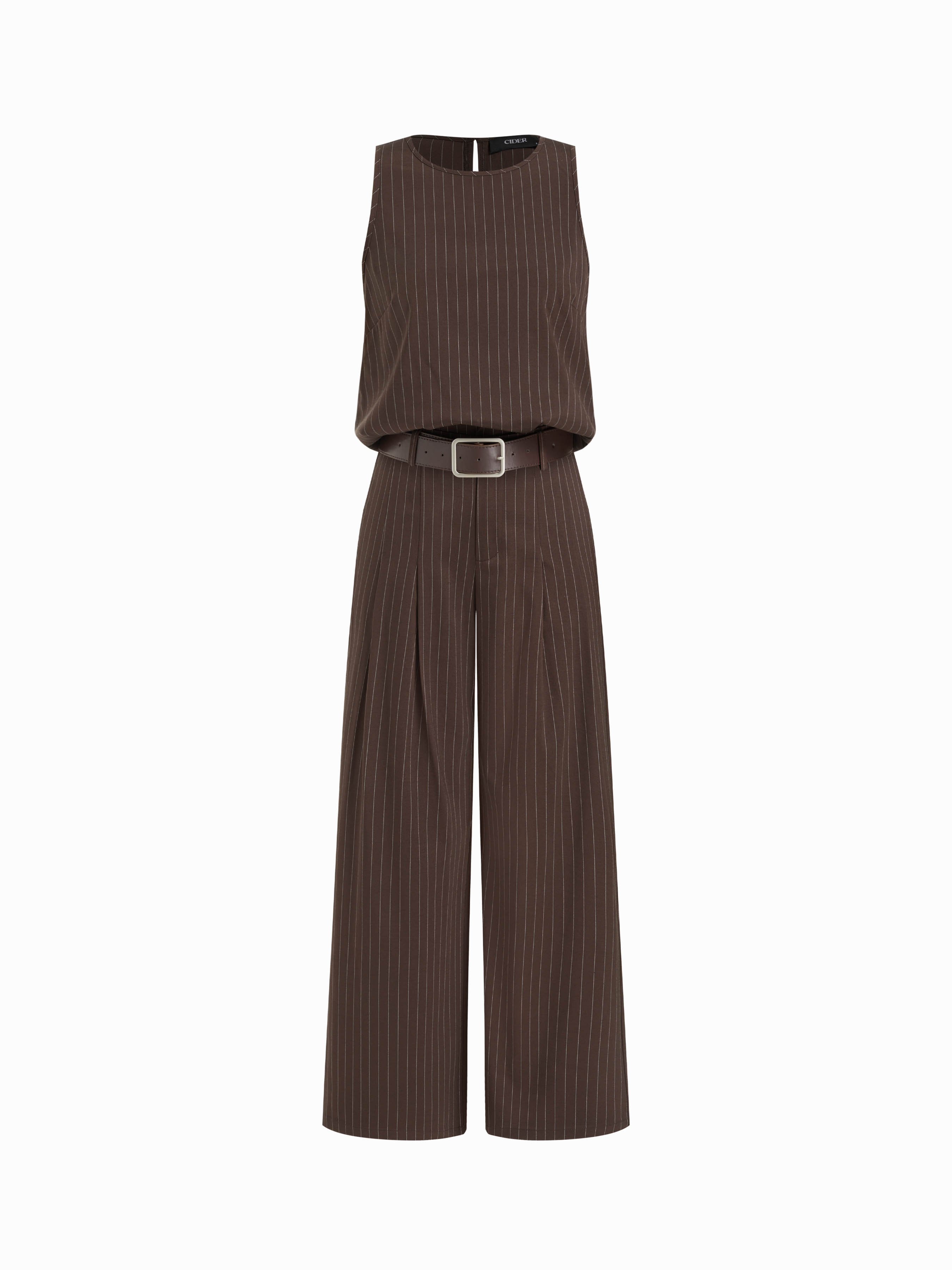 Striped Sleeveless Top & Mid Rise Straight Leg Belted Trousers Set