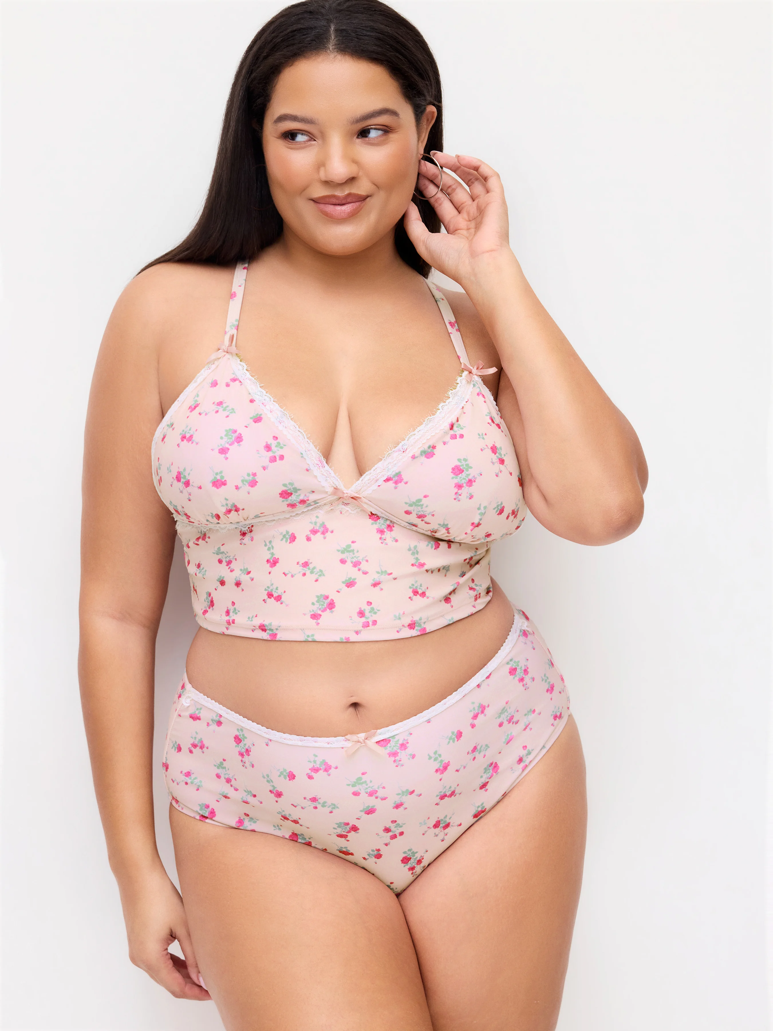 Sweet Floral Lace Trim V-neck Bowknot Cheeky Bikini Set Curve & Plus