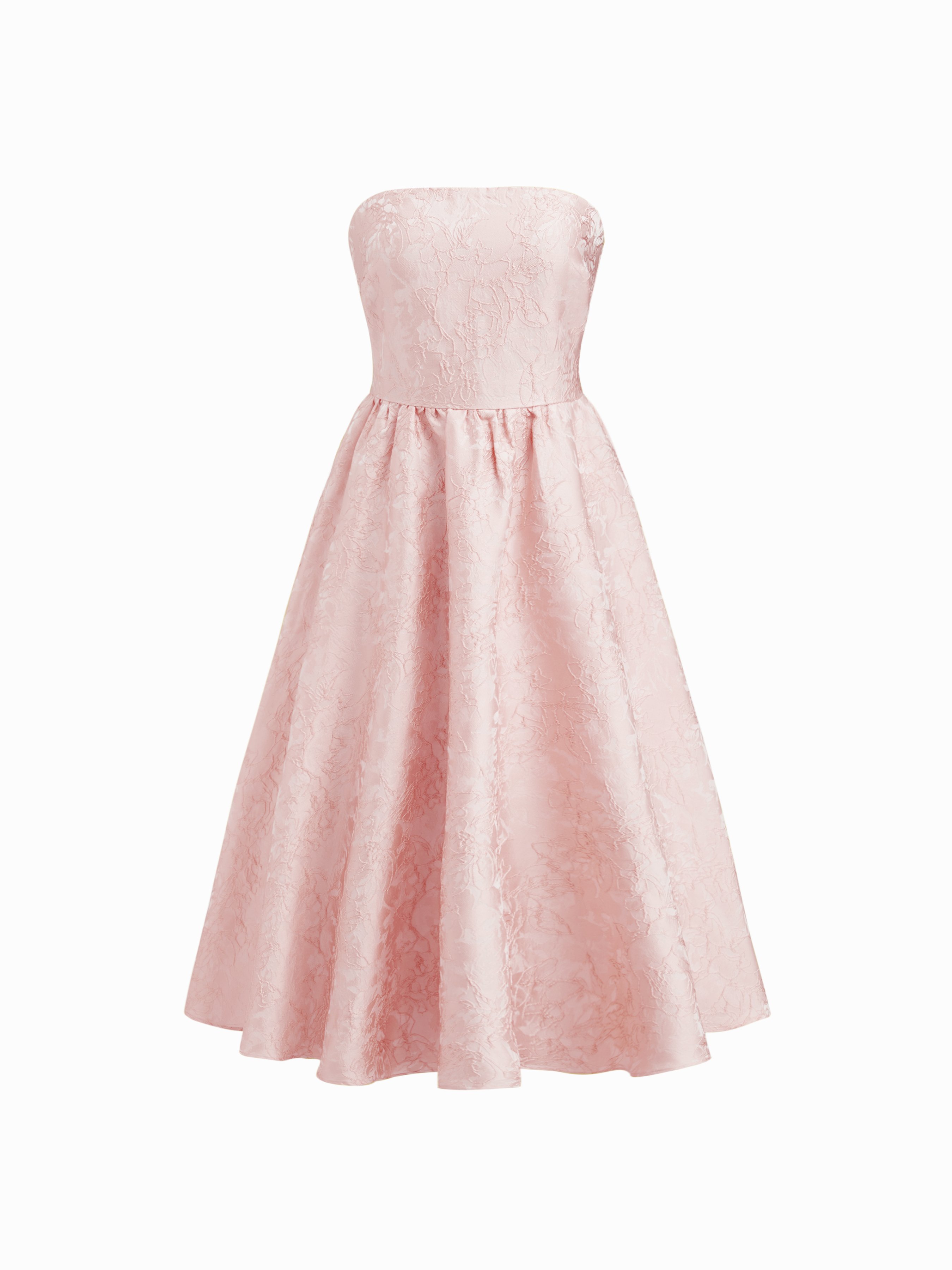 Jacquard Sculptural Floral Bandeau Lace Up Ruffle Midi Dress