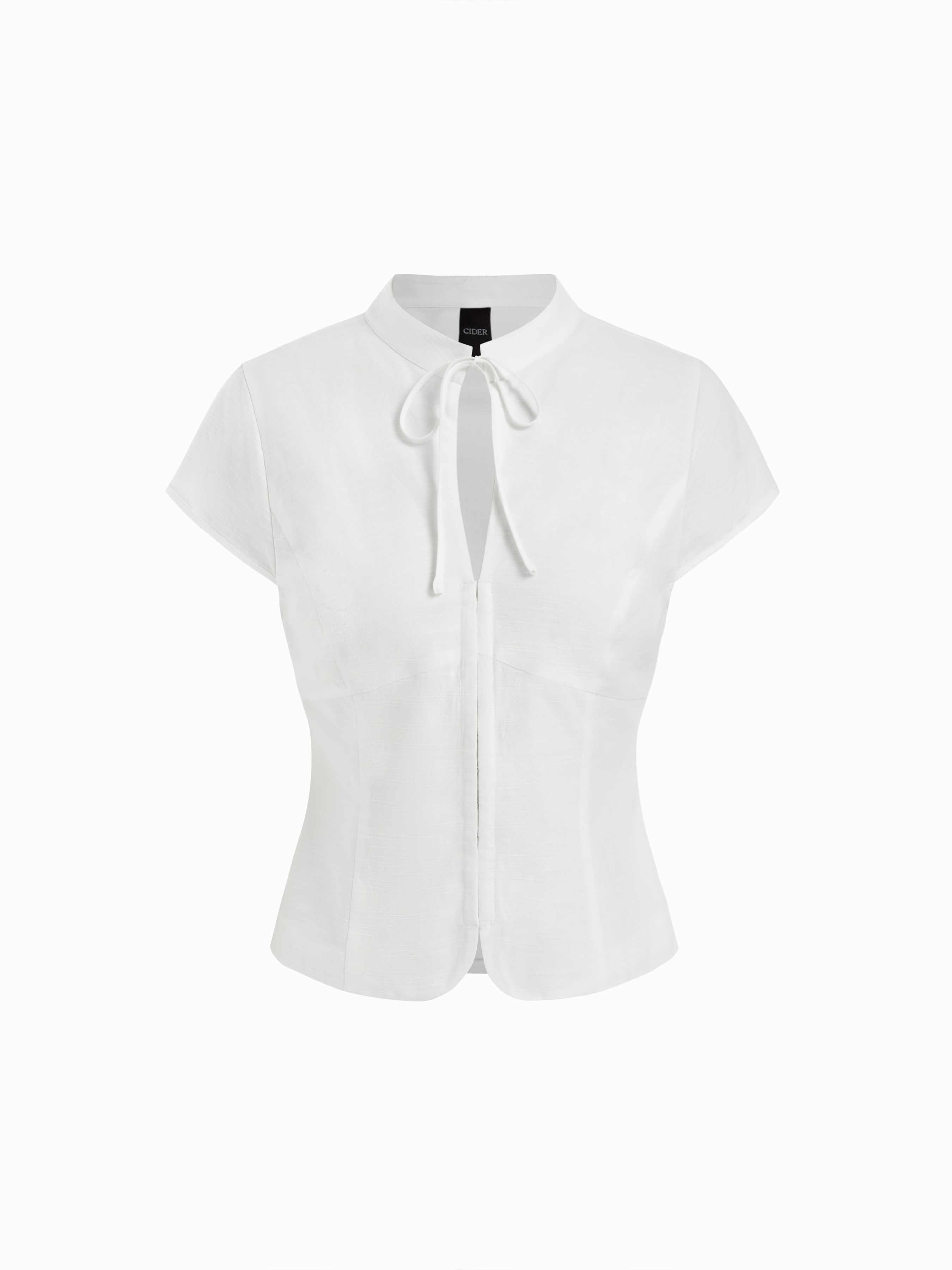 Linen-blend Stand Collar Stripe Cut Out Knotted Blouse