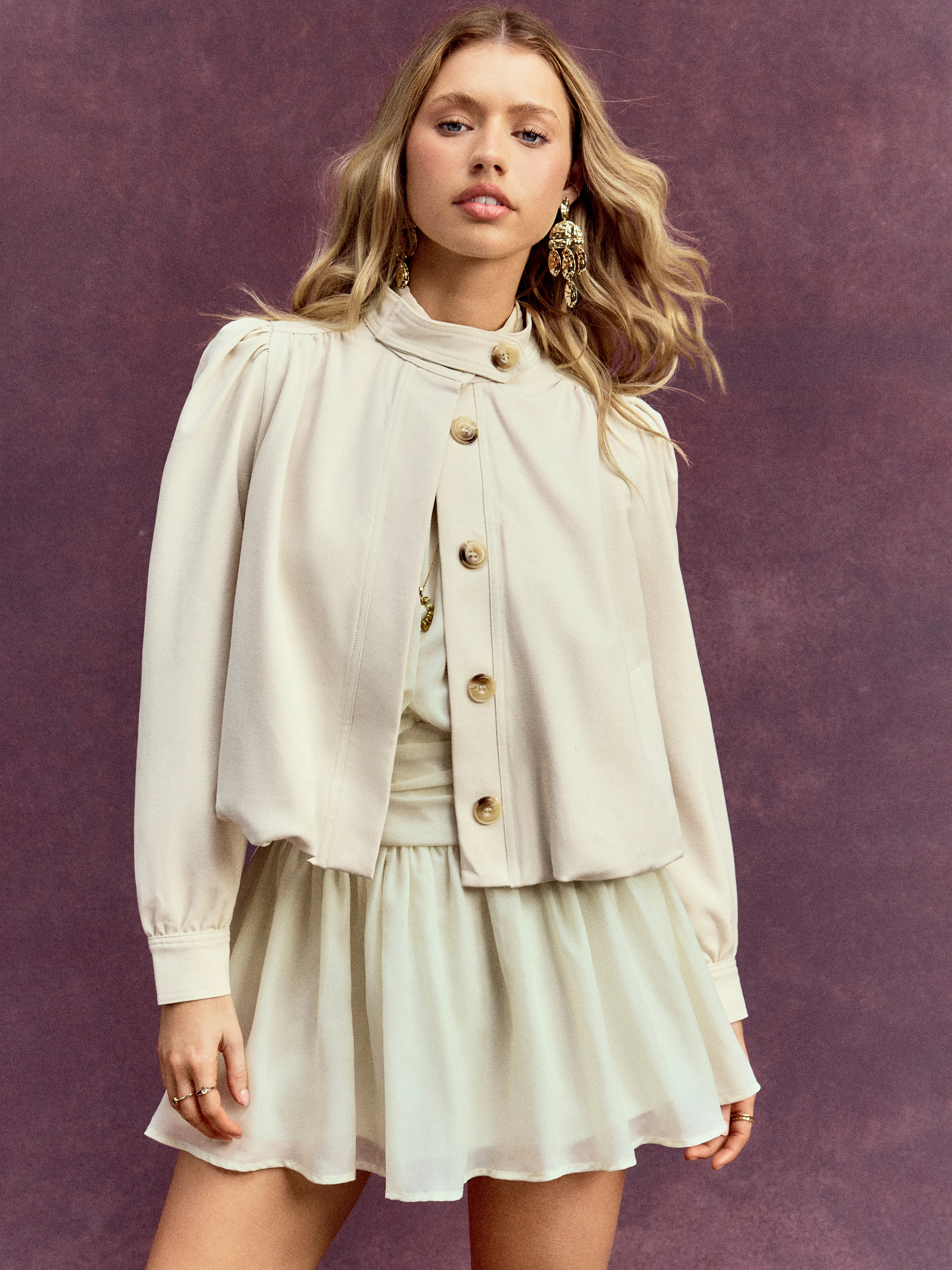 Stand Collar Ruched Ruffle Oversized Jacket