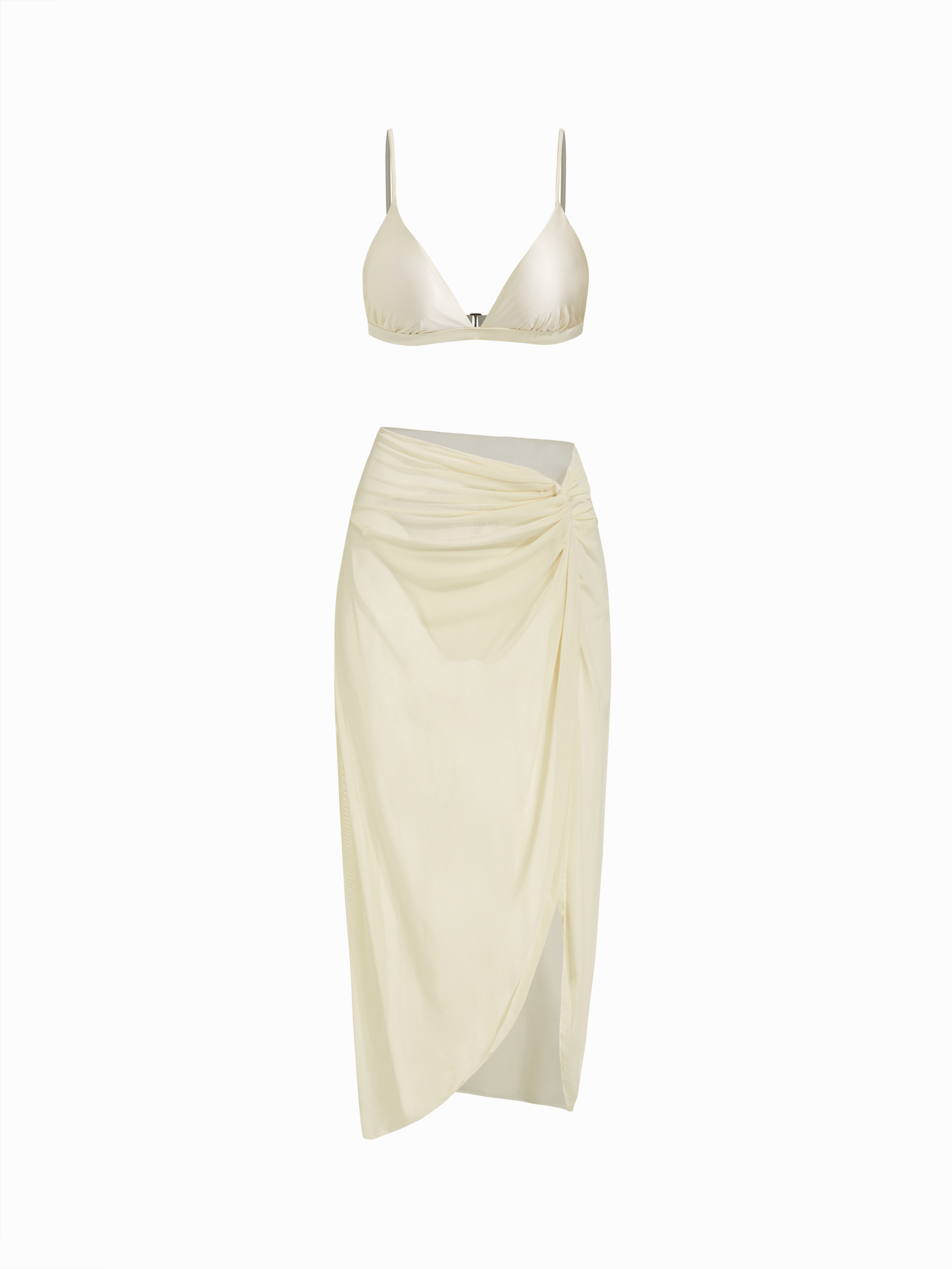 V-neck Solid Triangle Bikini Set With Sarong