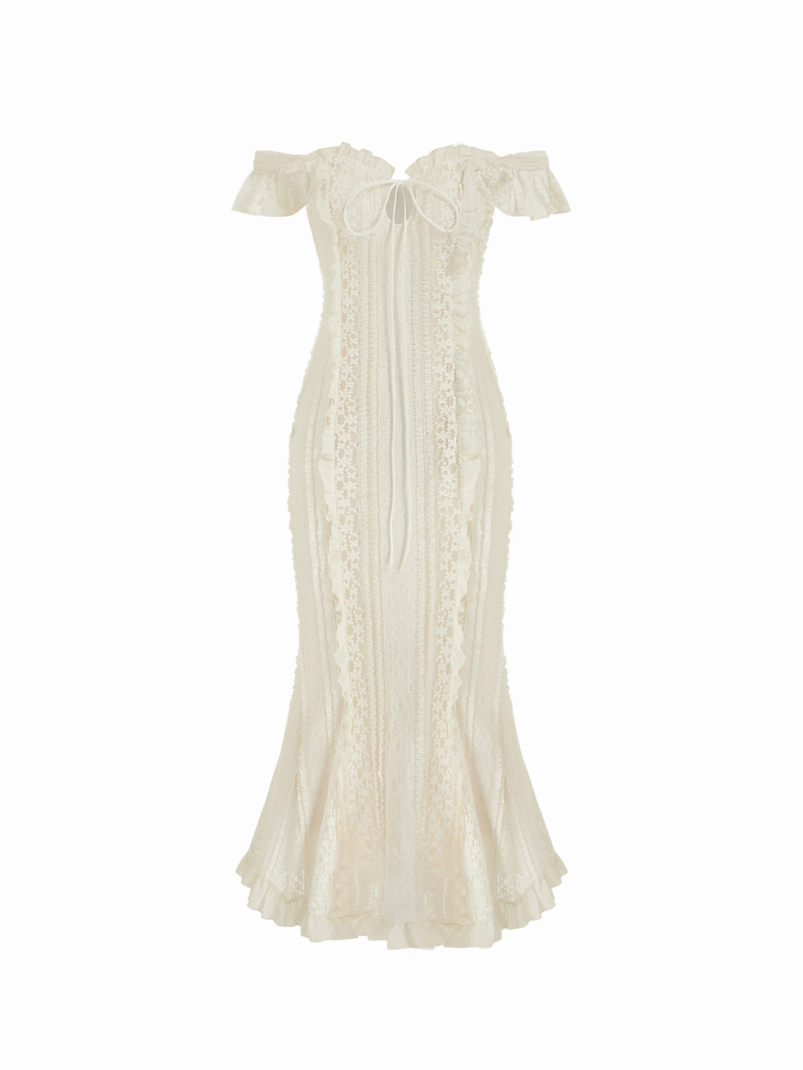 Jacquard Lace up Floral Off-shoulder Ruffled Mermaid Midi Dress