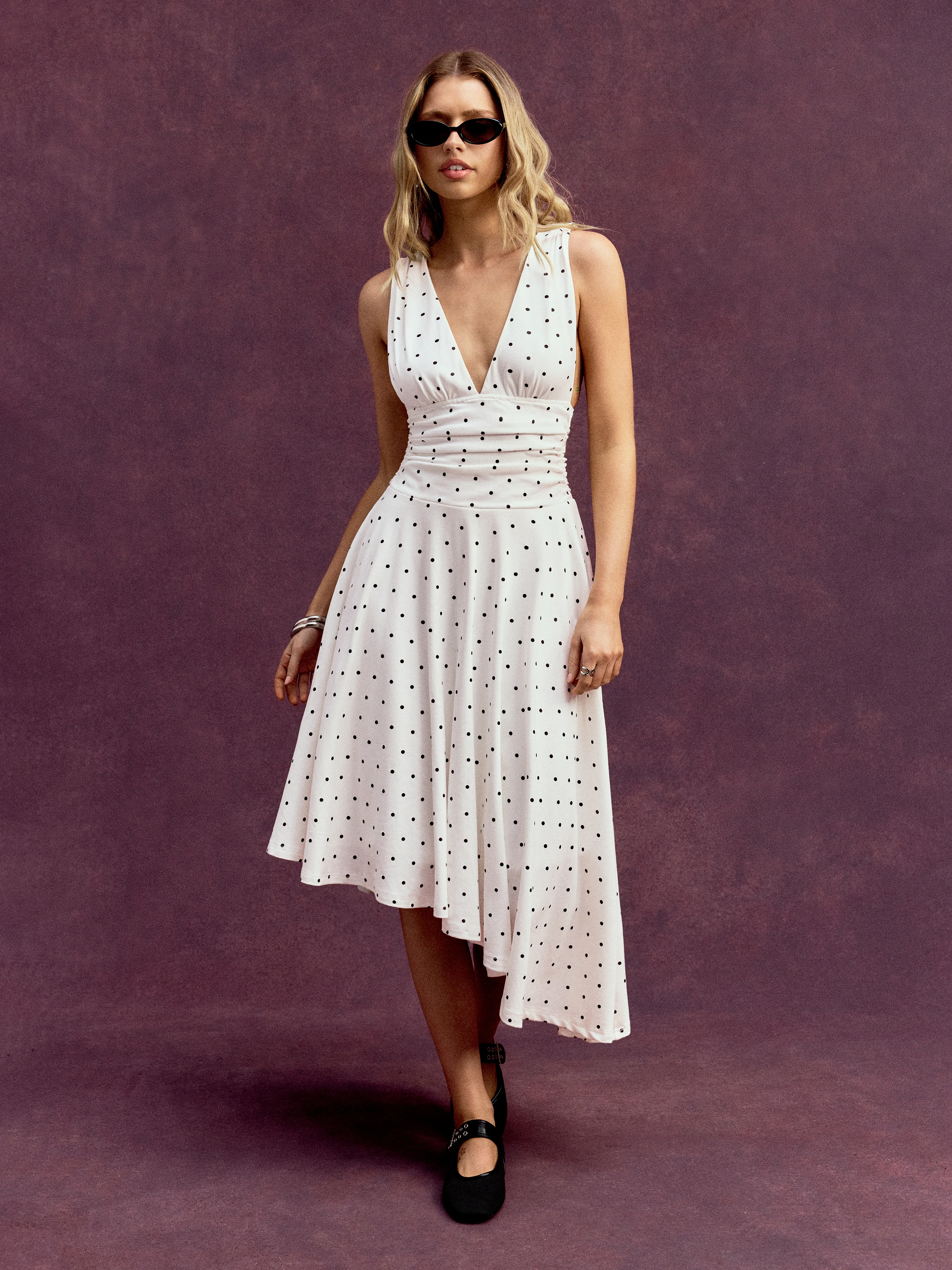 Cotton V-Neck Polka Dot Asymmetrical Hem Ruched Flared Midi Dress