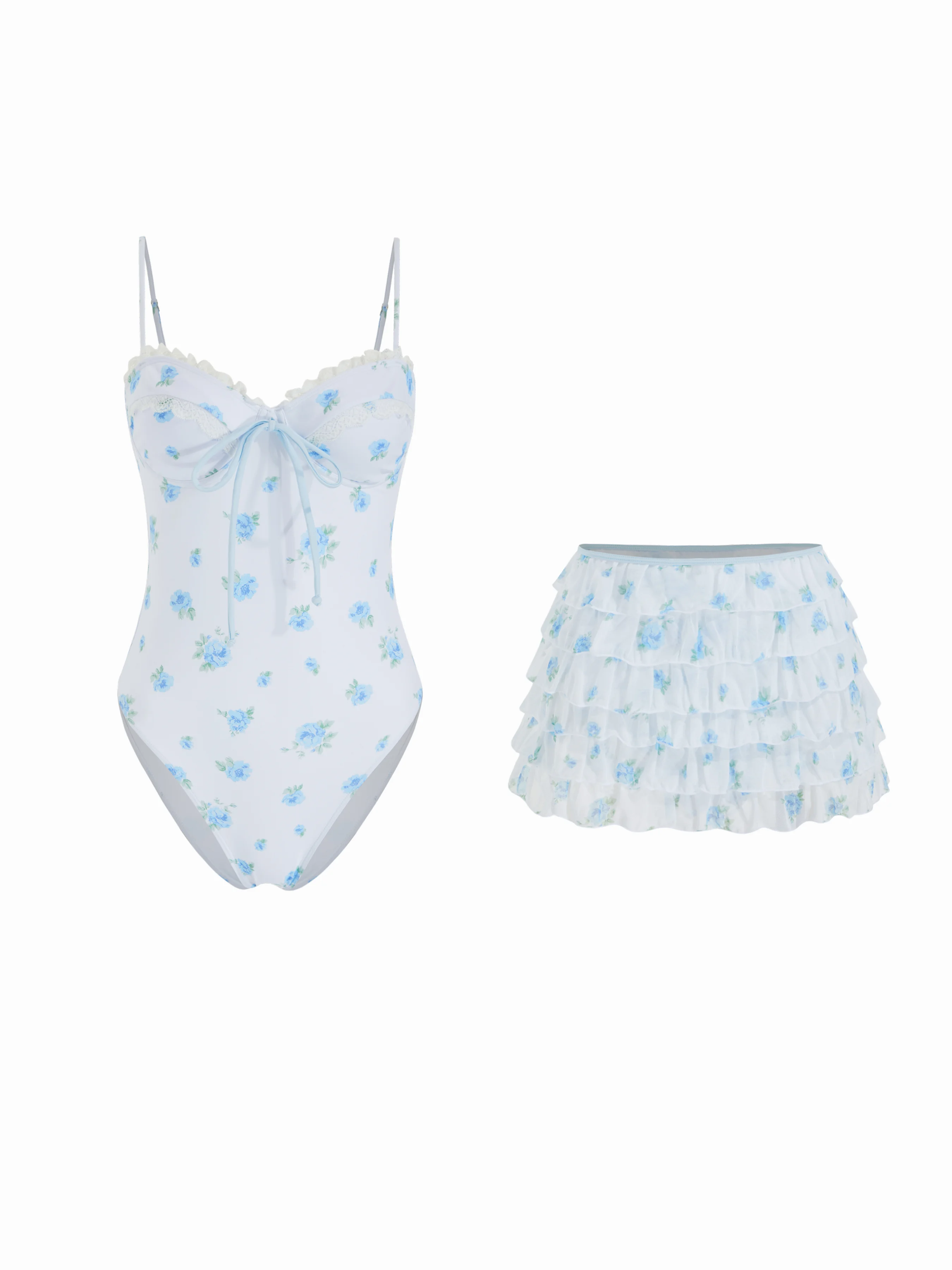 Shaping Floral Sweetheart Lace Trim Ruched Slim One-piece Swimsuit With Ruffle Skirt