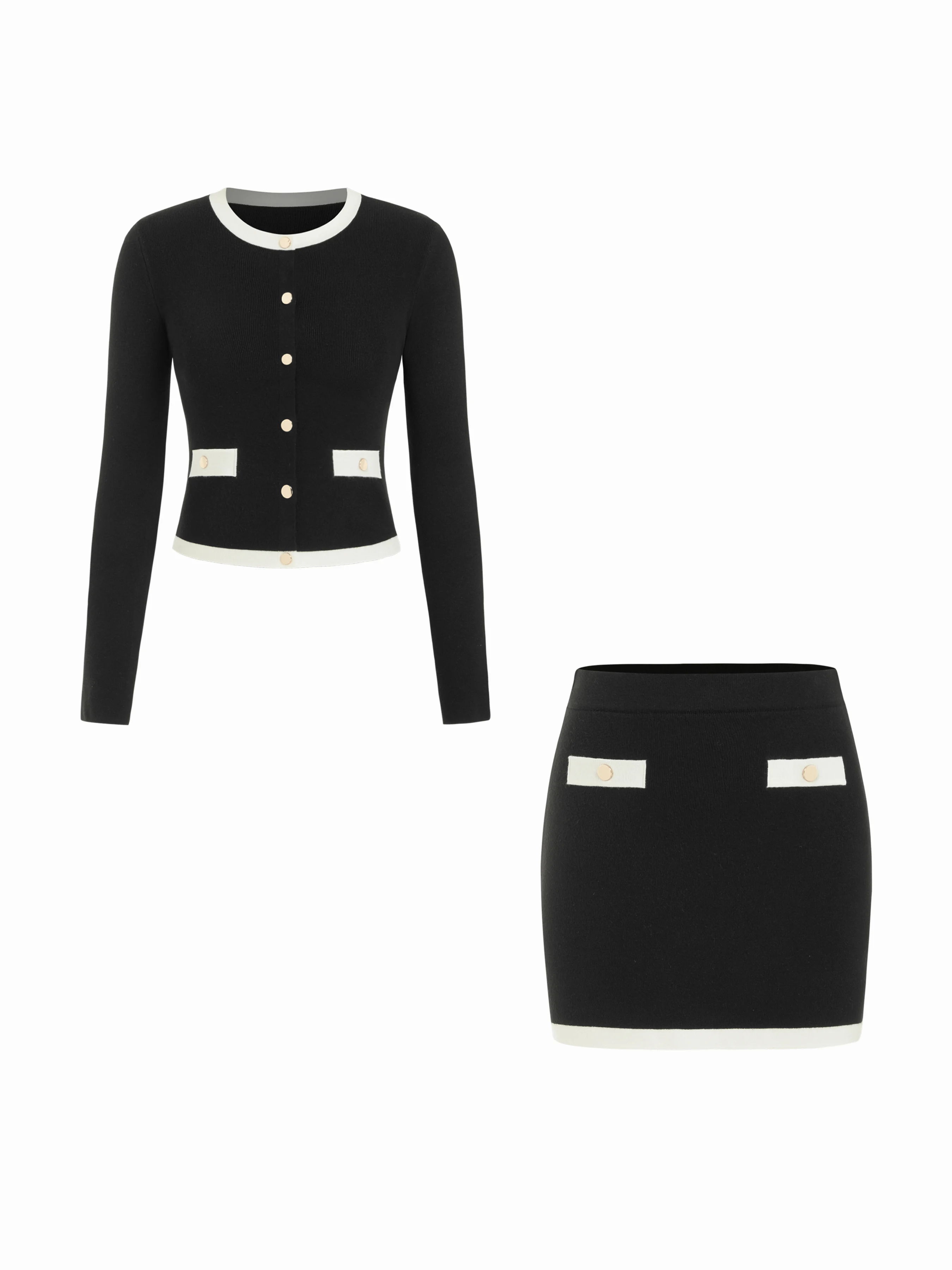 Knit Contrasting Trim Button Front Cardigan & Low Rise Bodycon Skirt Set
