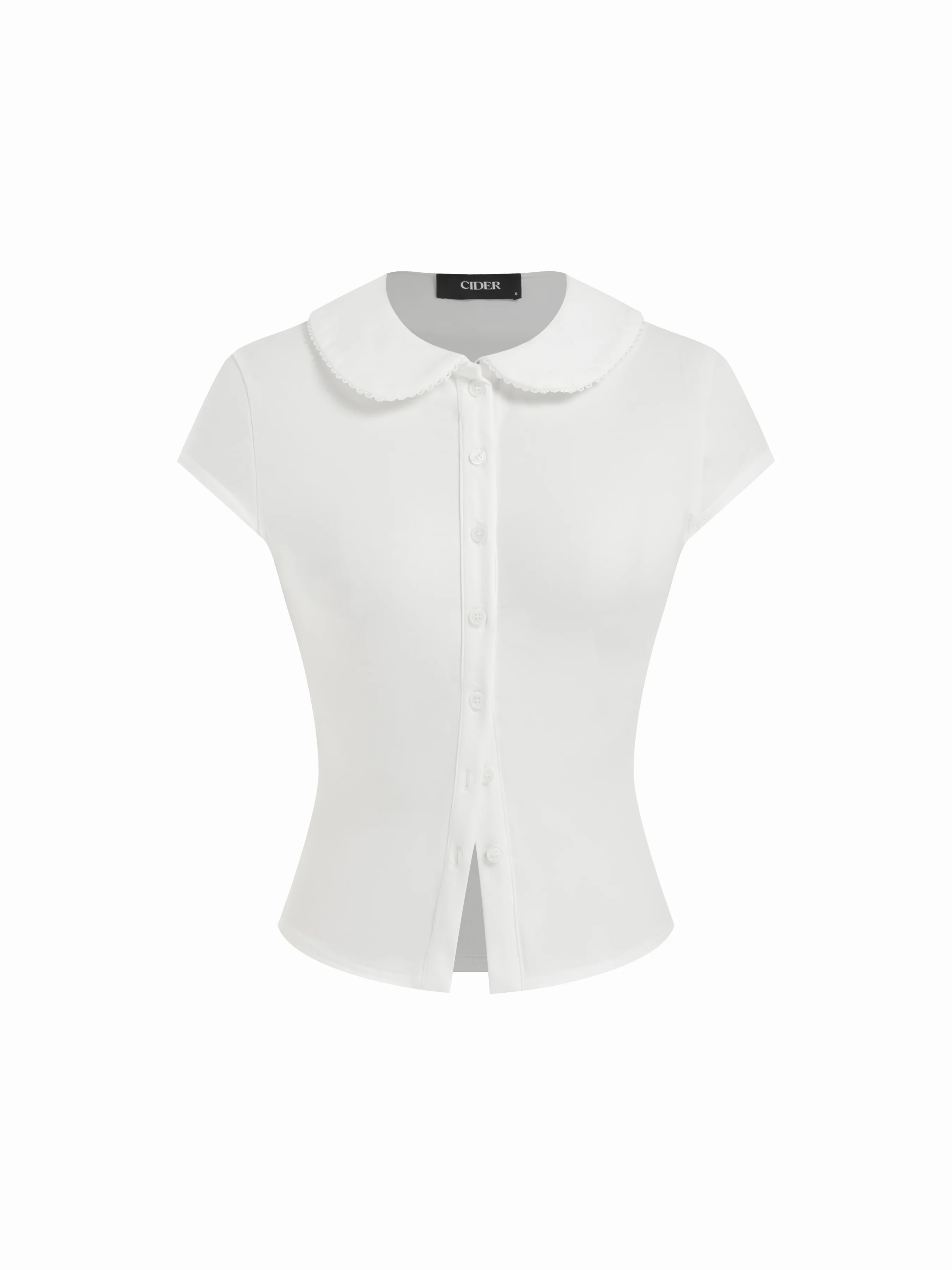 Cotton-blend Collar Lace Trim Button Front Tee