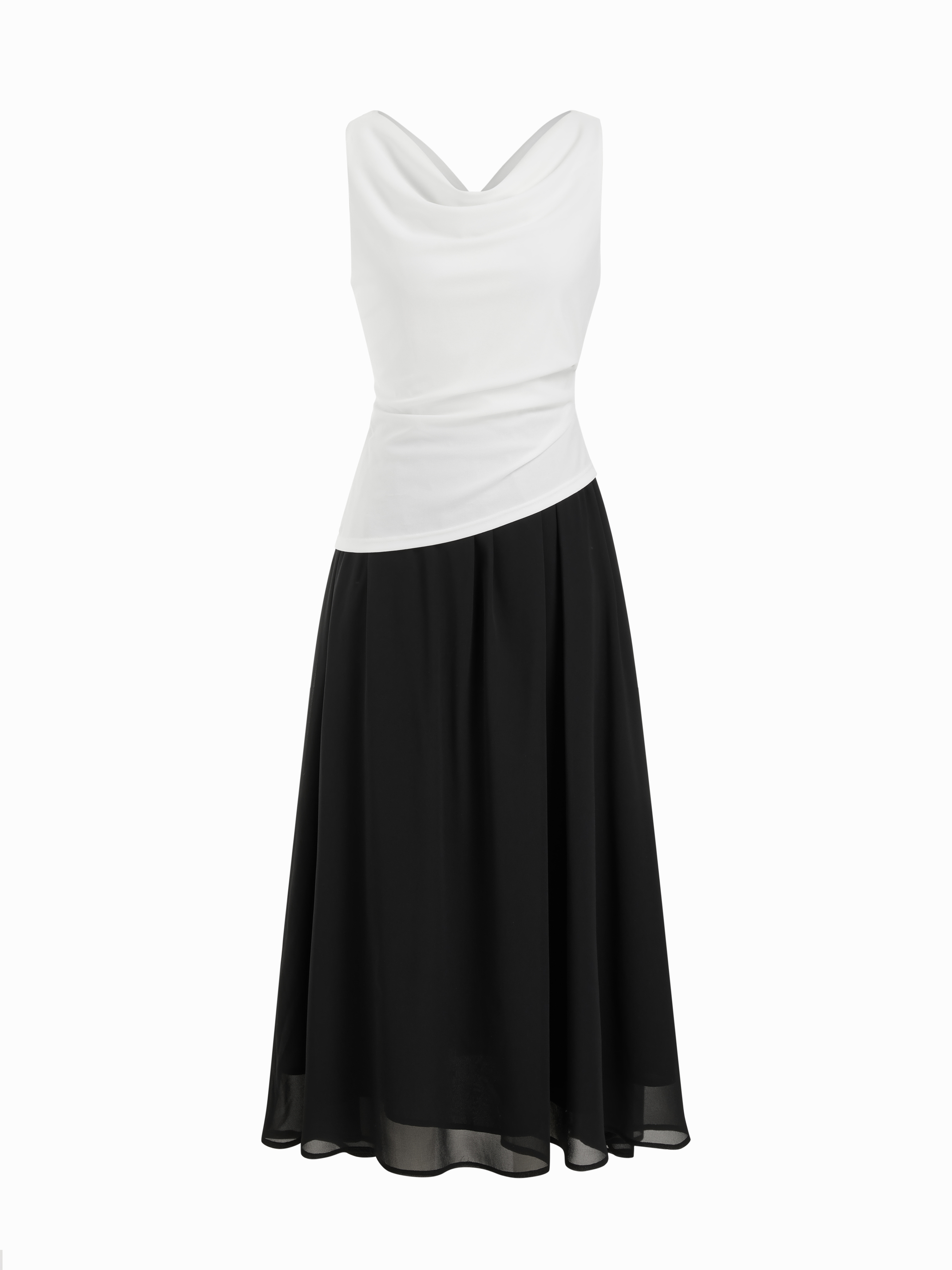Chiffon Cowl Neck Colorblock Ruched Maxi Dress