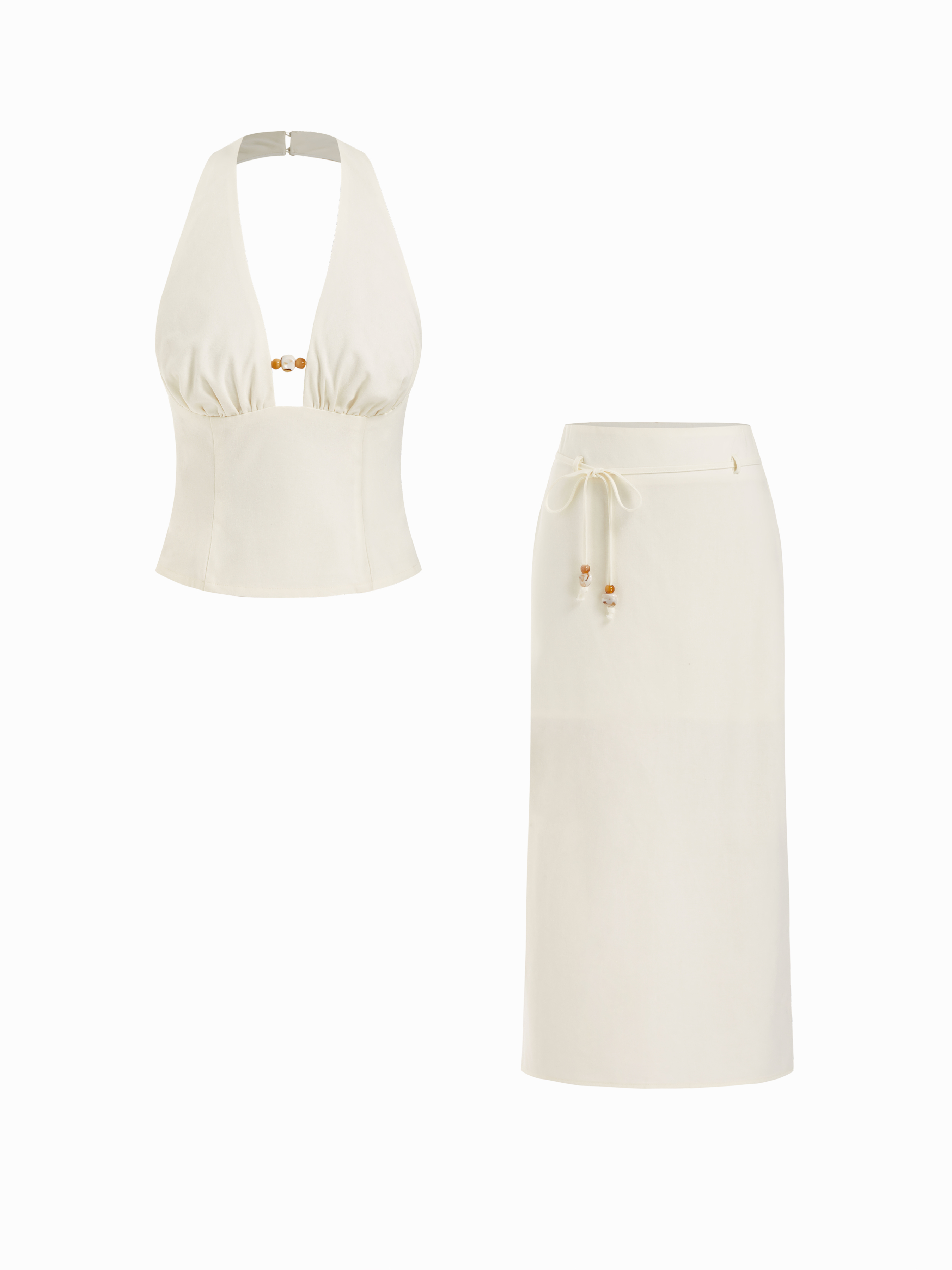 Linen-blend Cotton-blend Halter Neck Backless Ruched Top & Mid Rise Pencil Maxi Skirt Set