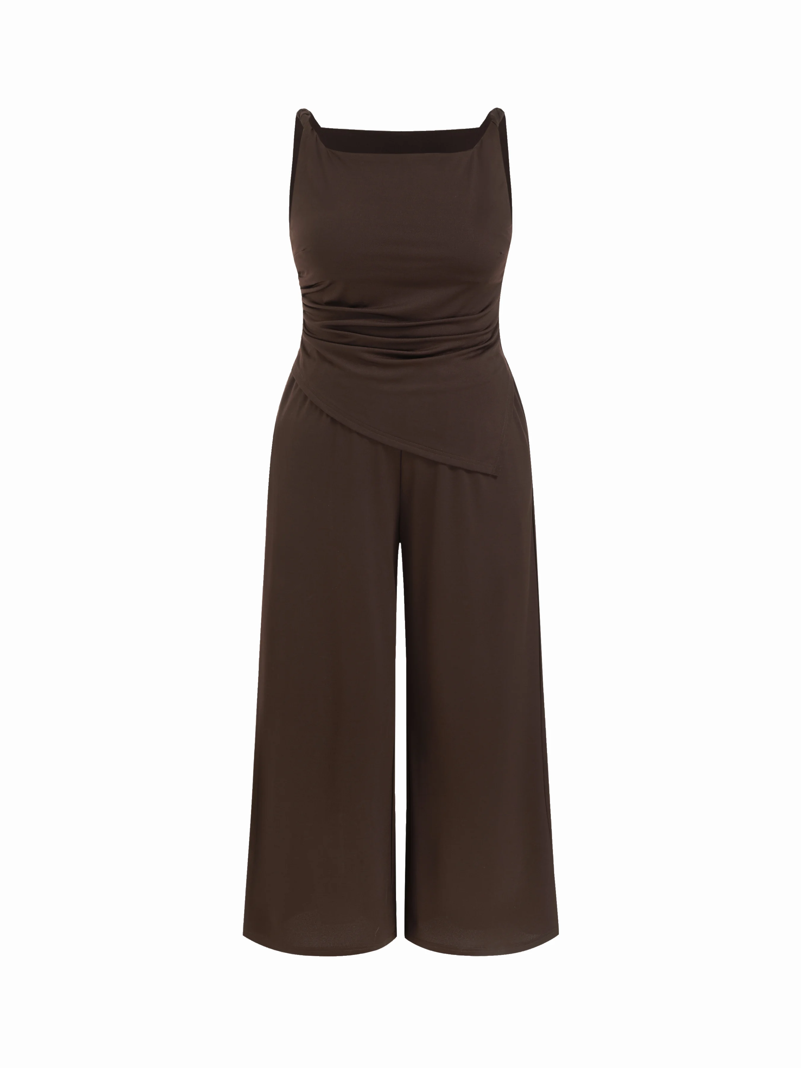 Boat Neck Ruched Asymmetrical Wide Leg Jumpsuit Curve & Plus