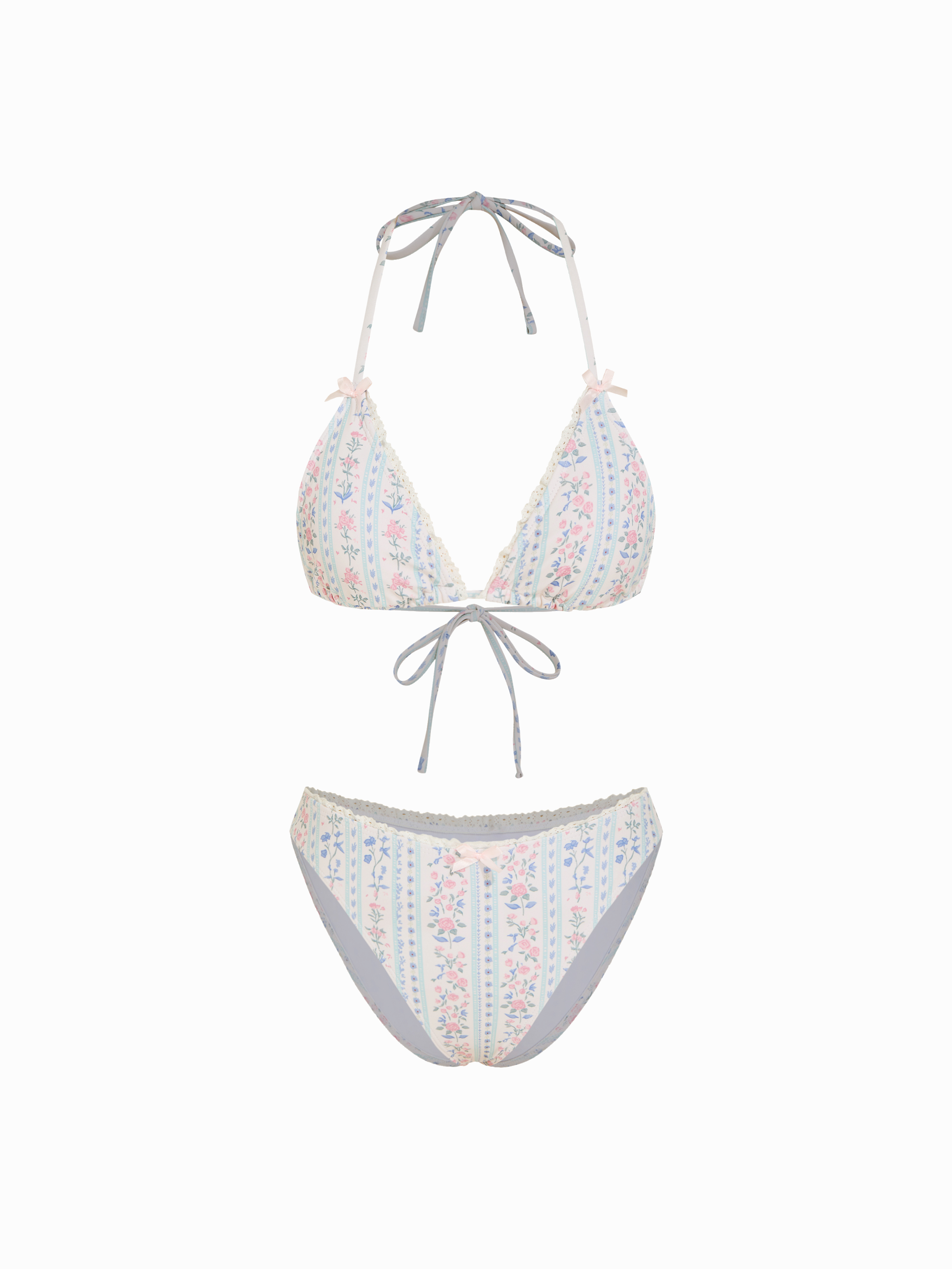 Floral Halter Lace Trim Triangle Cheeky Bikini Set