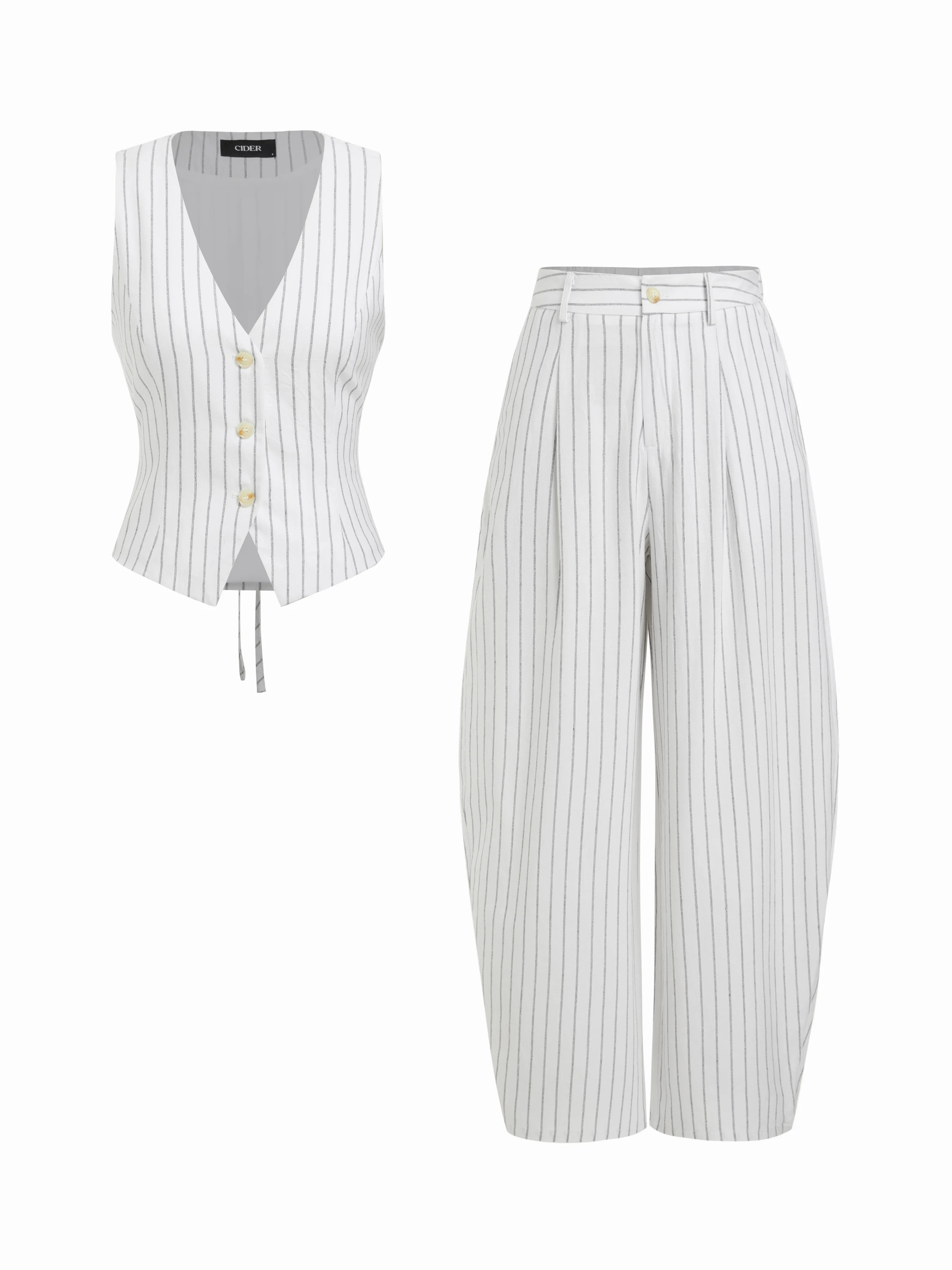 Linen-blend V-neck Striped Sleeveless Top & Mid Rise Tapered Trousers Set