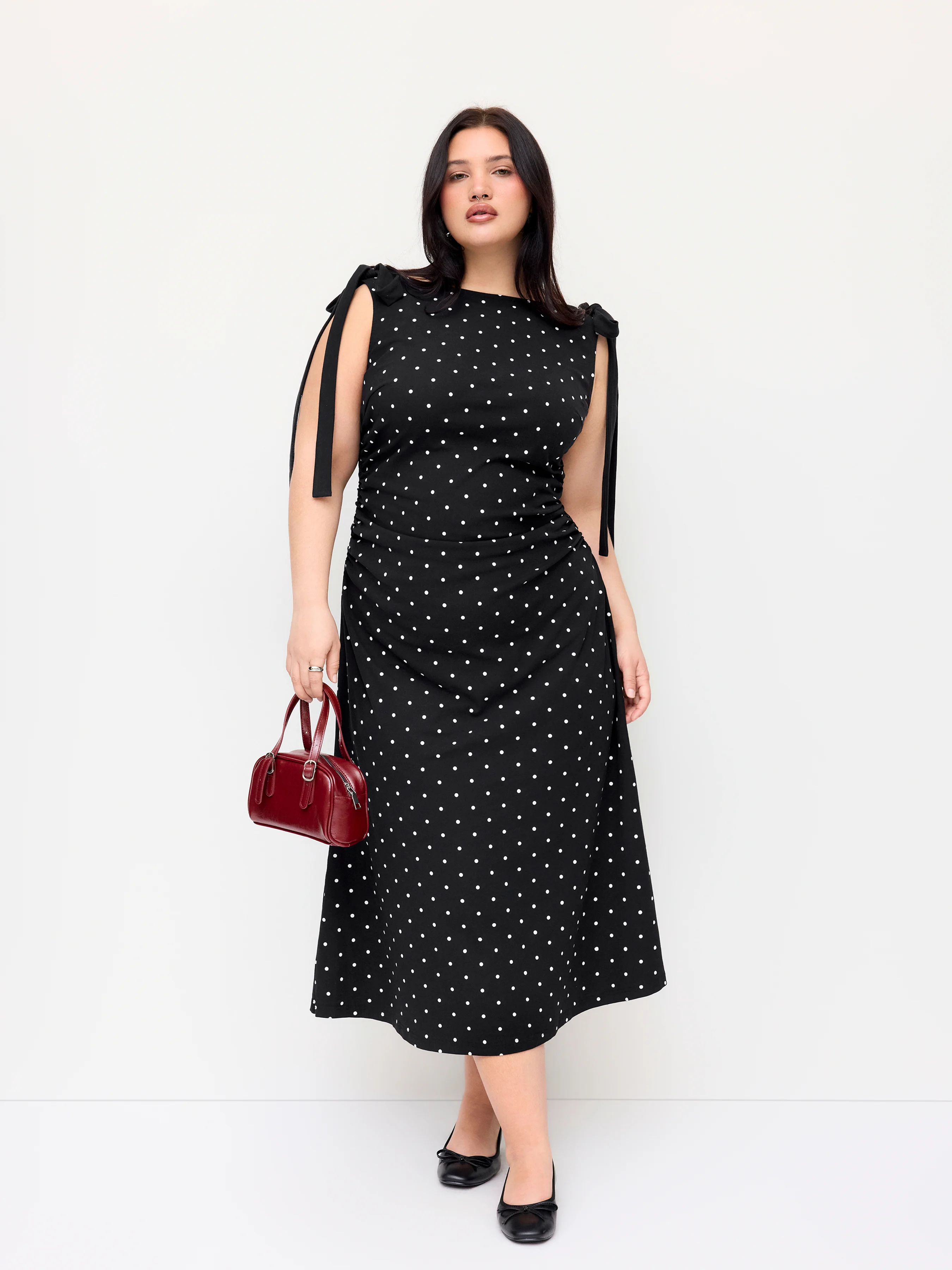 Cotton-blend Polka Dot Boat Neck Bowknot Ruched Midi Dress Curve & Plus