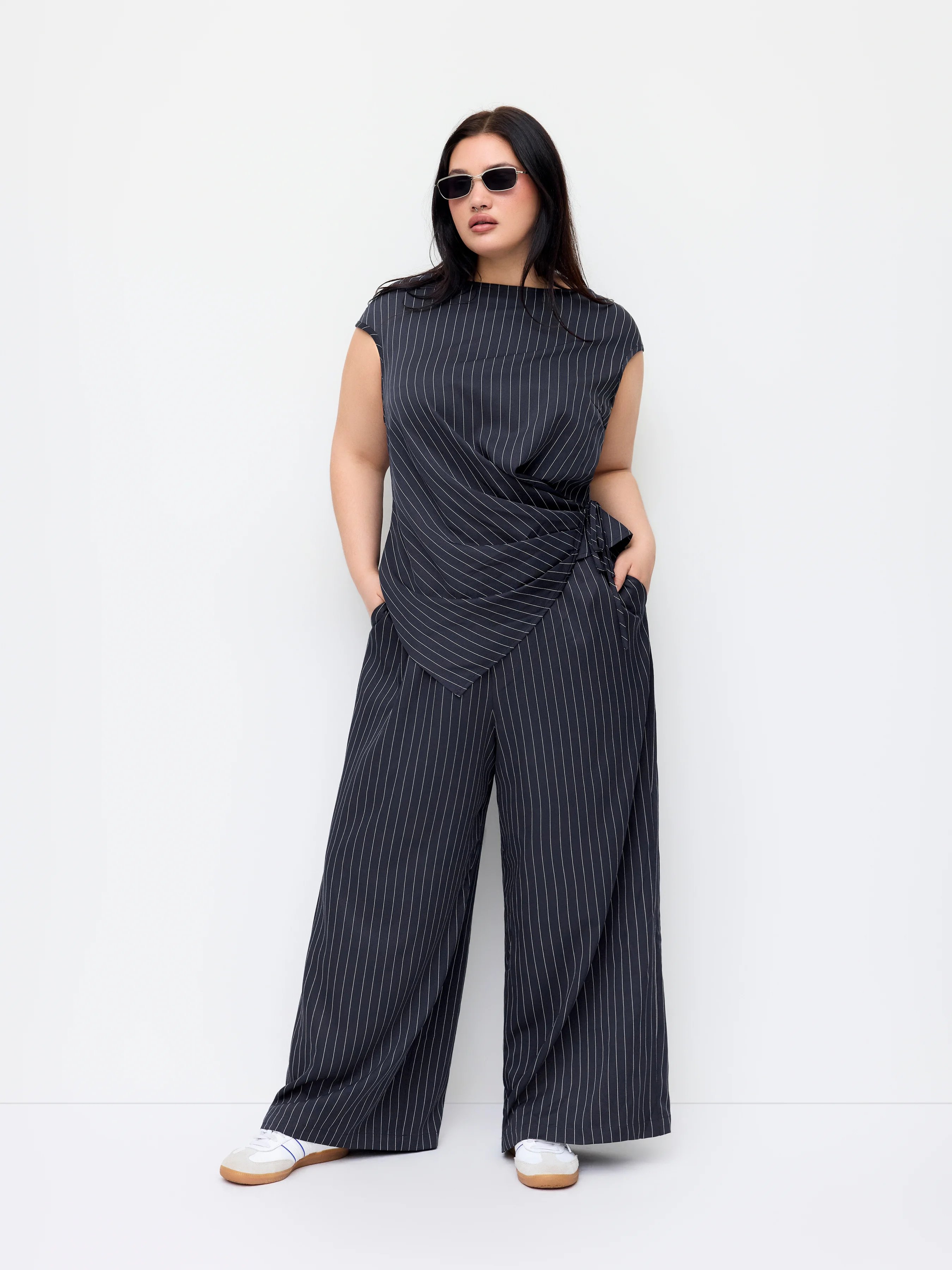 Striped Asymmetrical Hem Zip Through Knotted Wide Leg Jumpsuit Curve & Plus