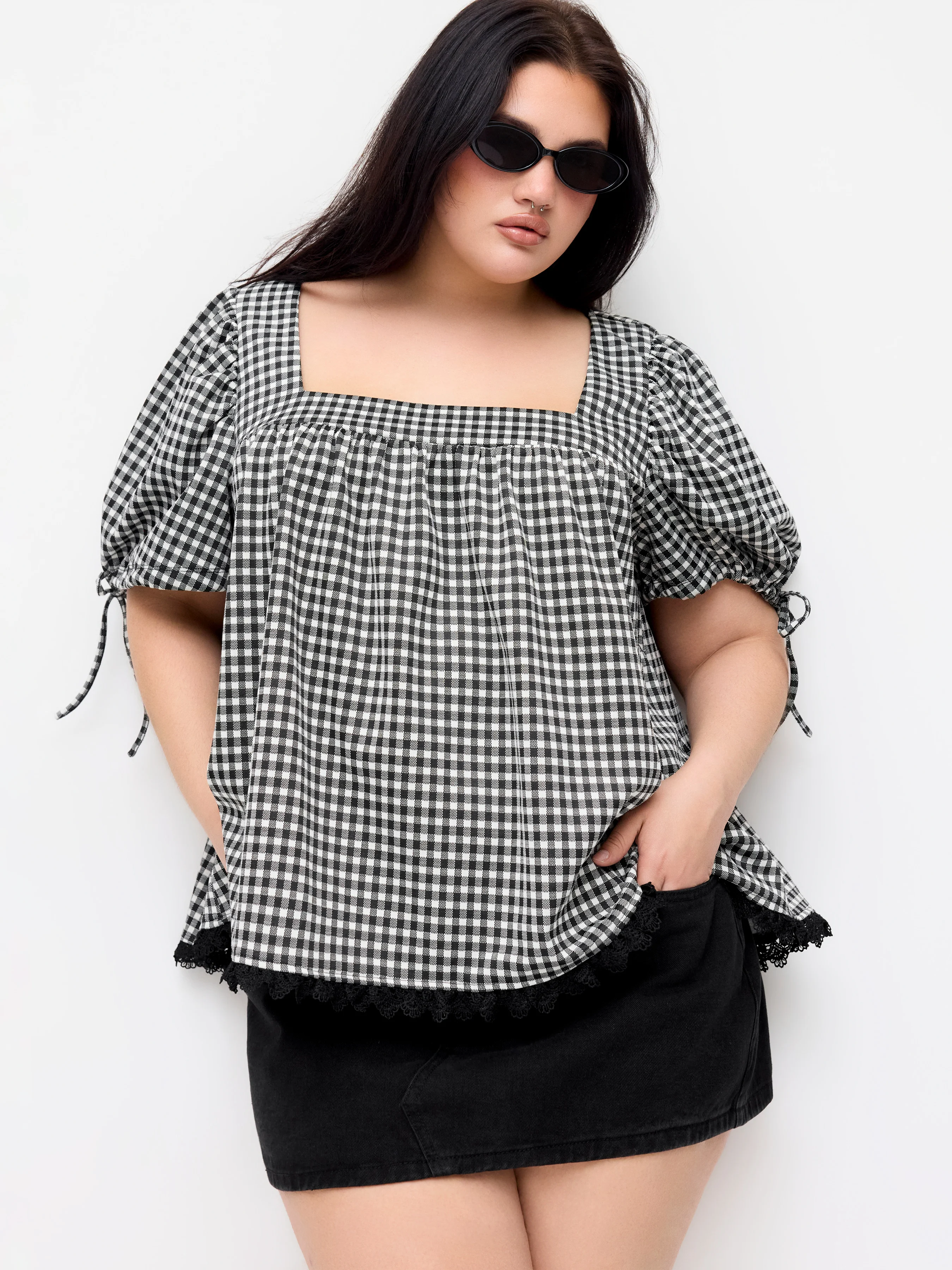 Gingham Square Neck Puff Sleeve Drawstring Blouse Curve & Plus