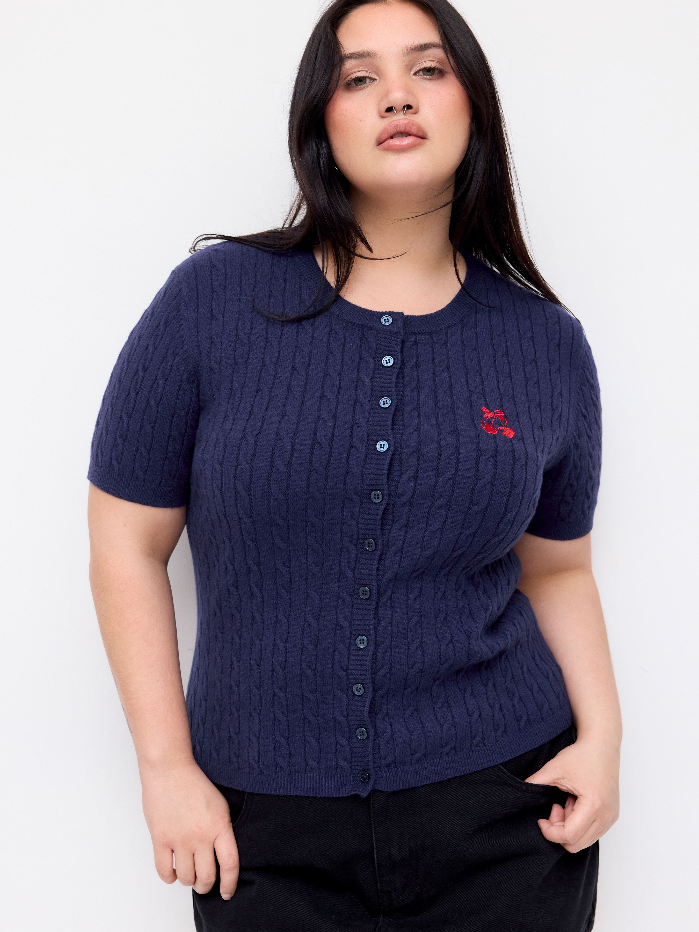 Cable Knit Cherry Embroidery Top Curve & Plus