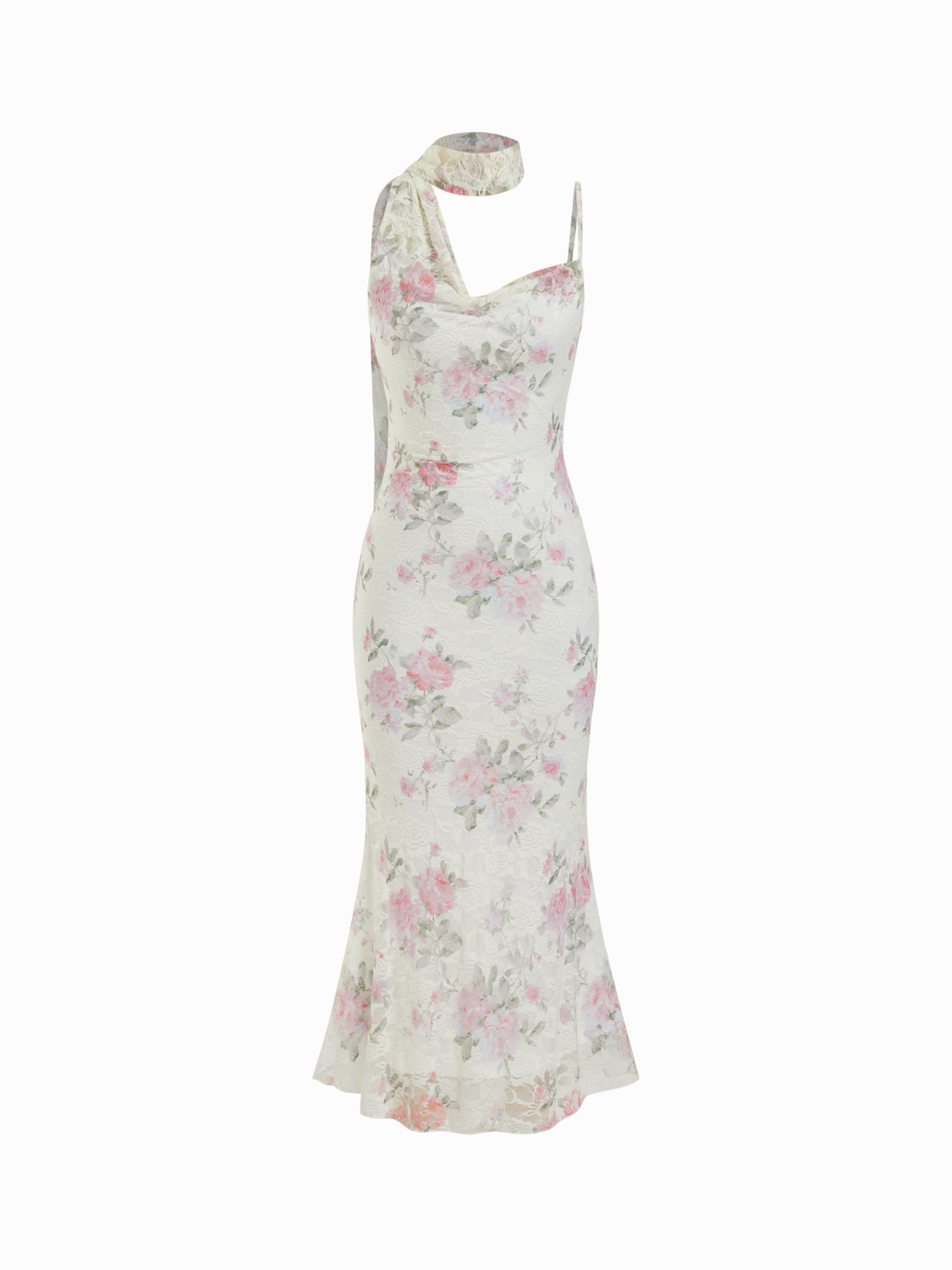 Lace Floral Cowl Neck Mermaid Maxi Dress With Scarf