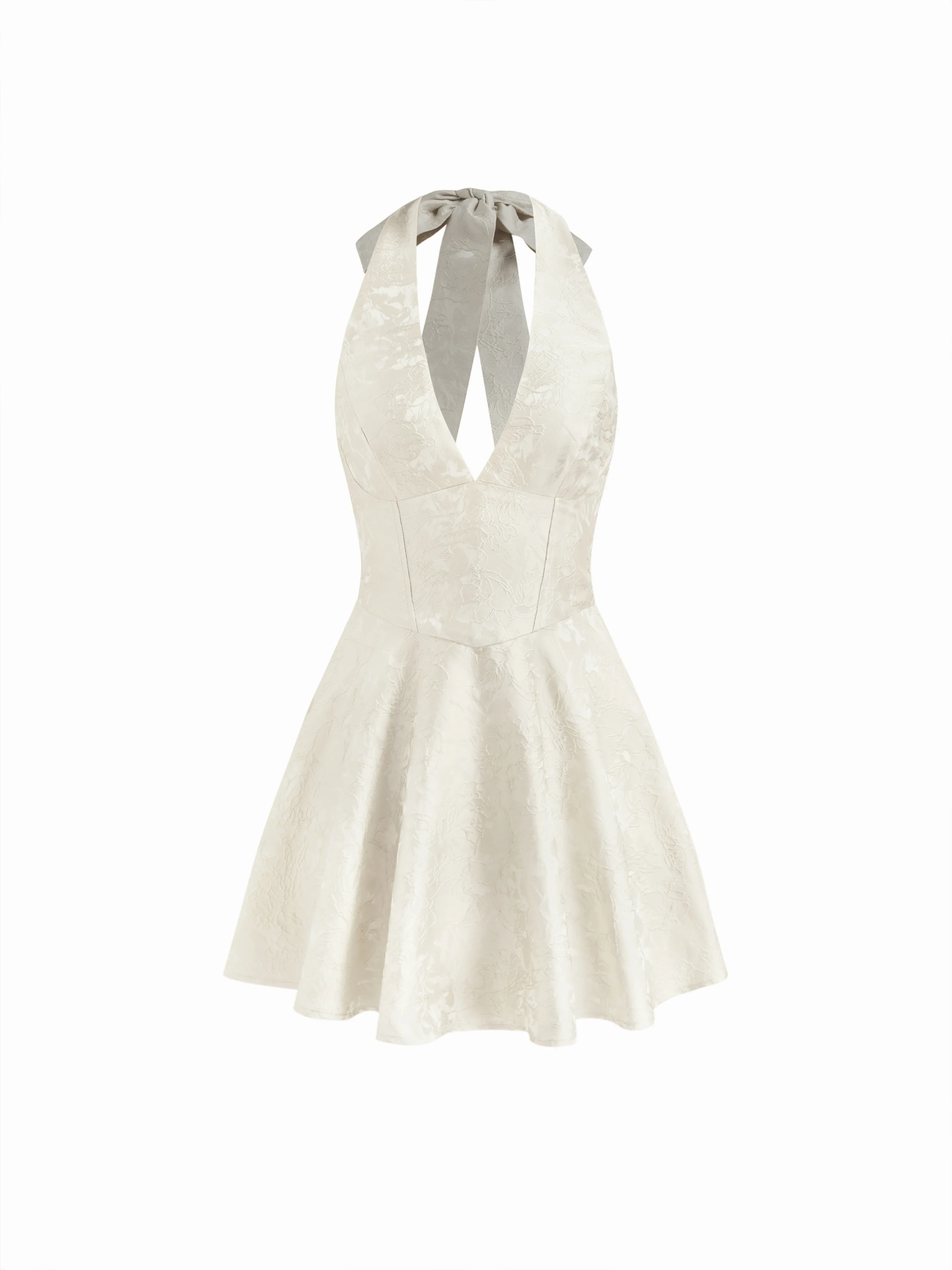 Jacquard Sculptural Halter V-neck Lace Up Backless Ruffle Mini Dress