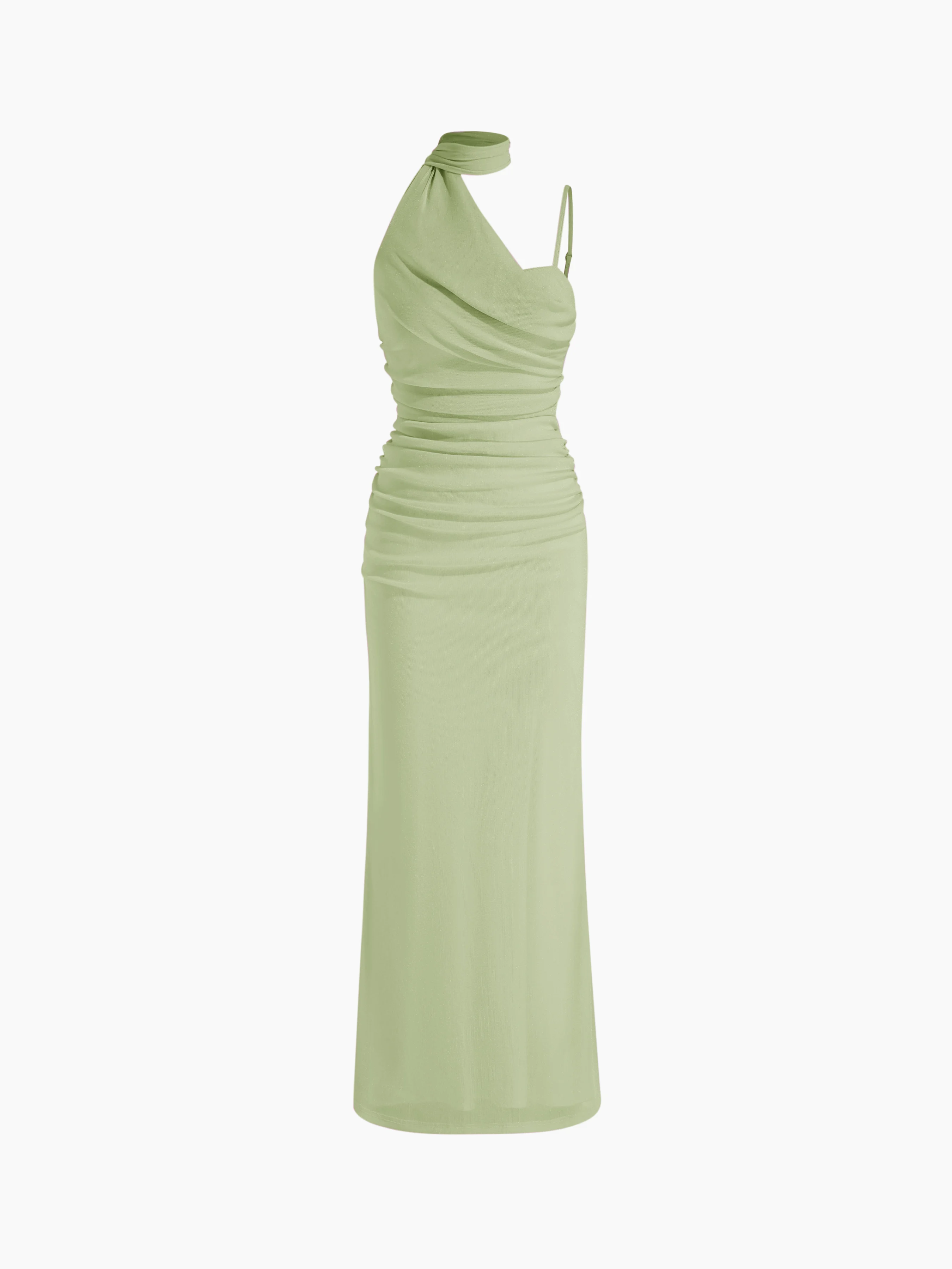 Mesh Halter Neckline Ruched Maxi Dress With Scarf