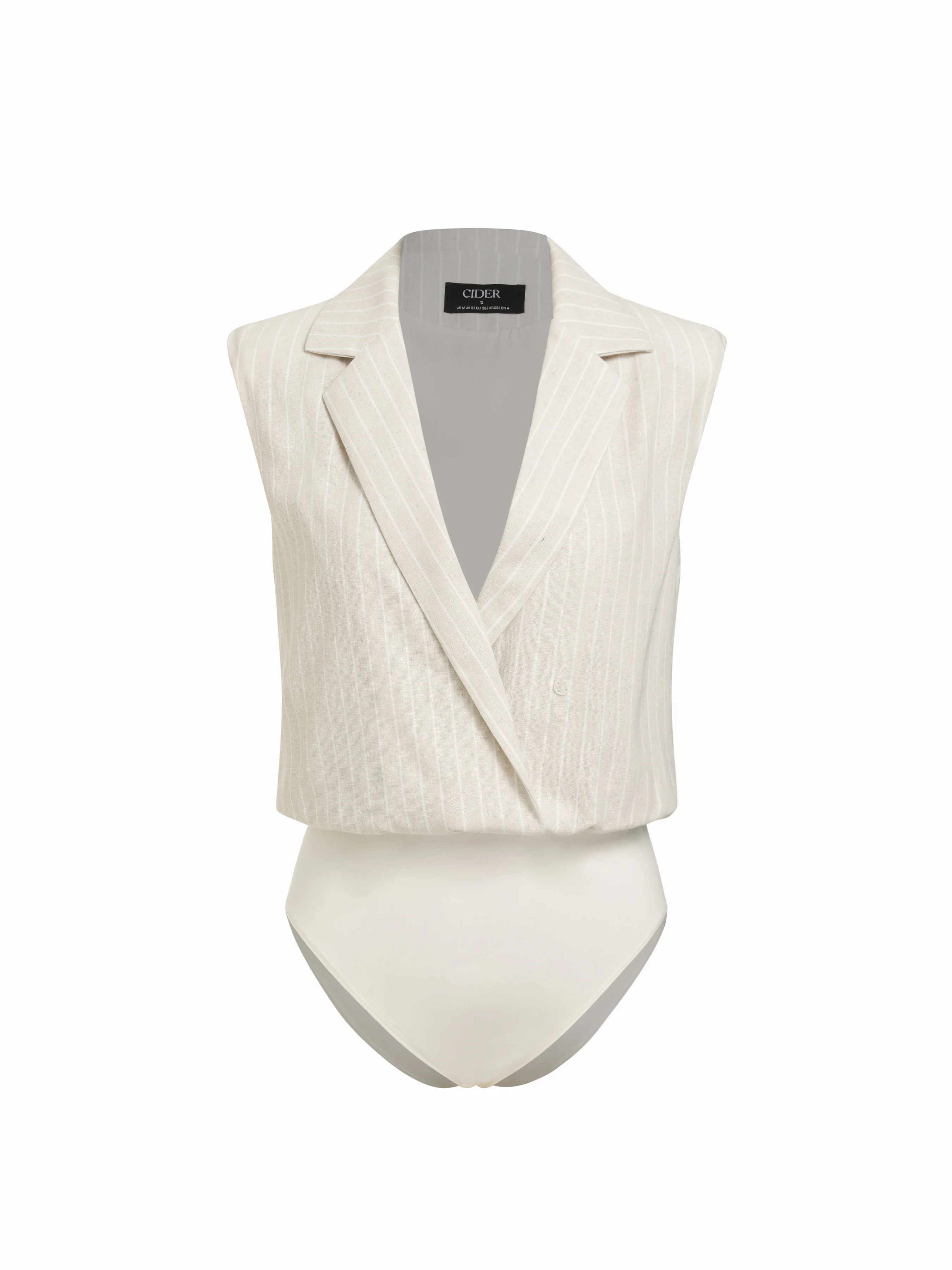 Linen-blend Striped Notched Collar Sleeveless Blouse Bodysuit