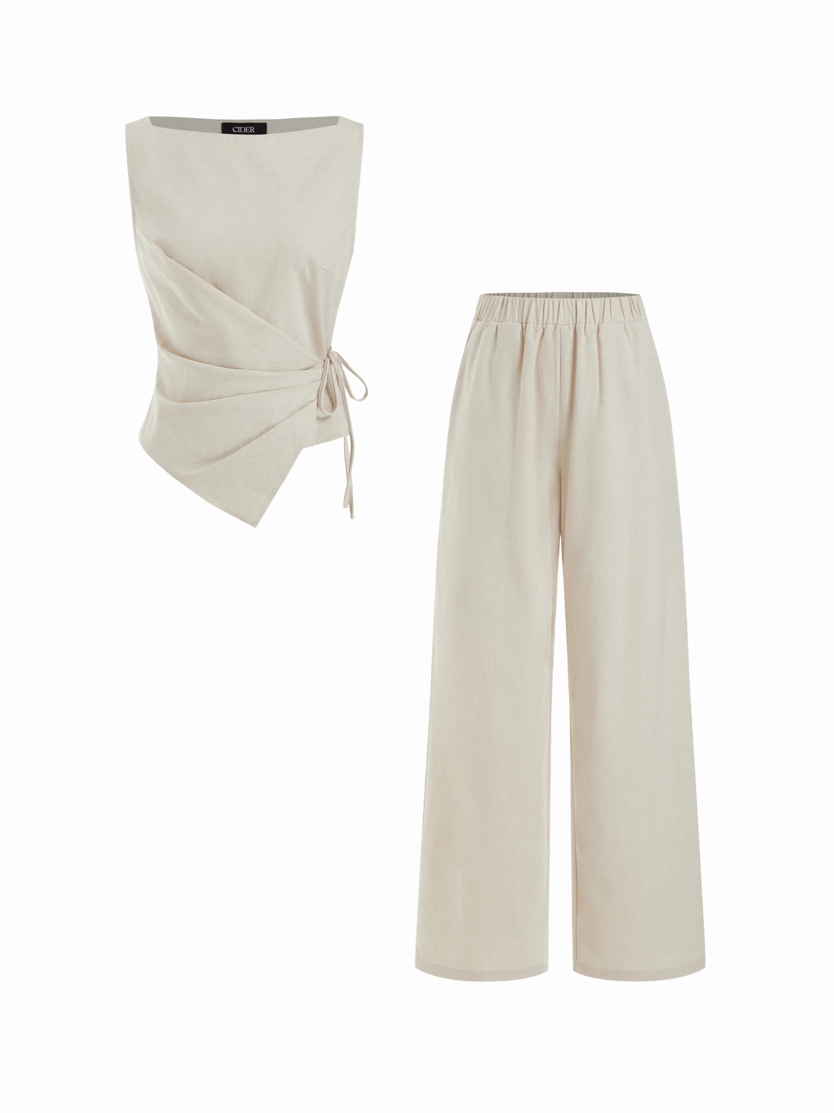 Linen-blend Boat Neck Knotted Top & Mid Rise Straight Leg Trousers Set