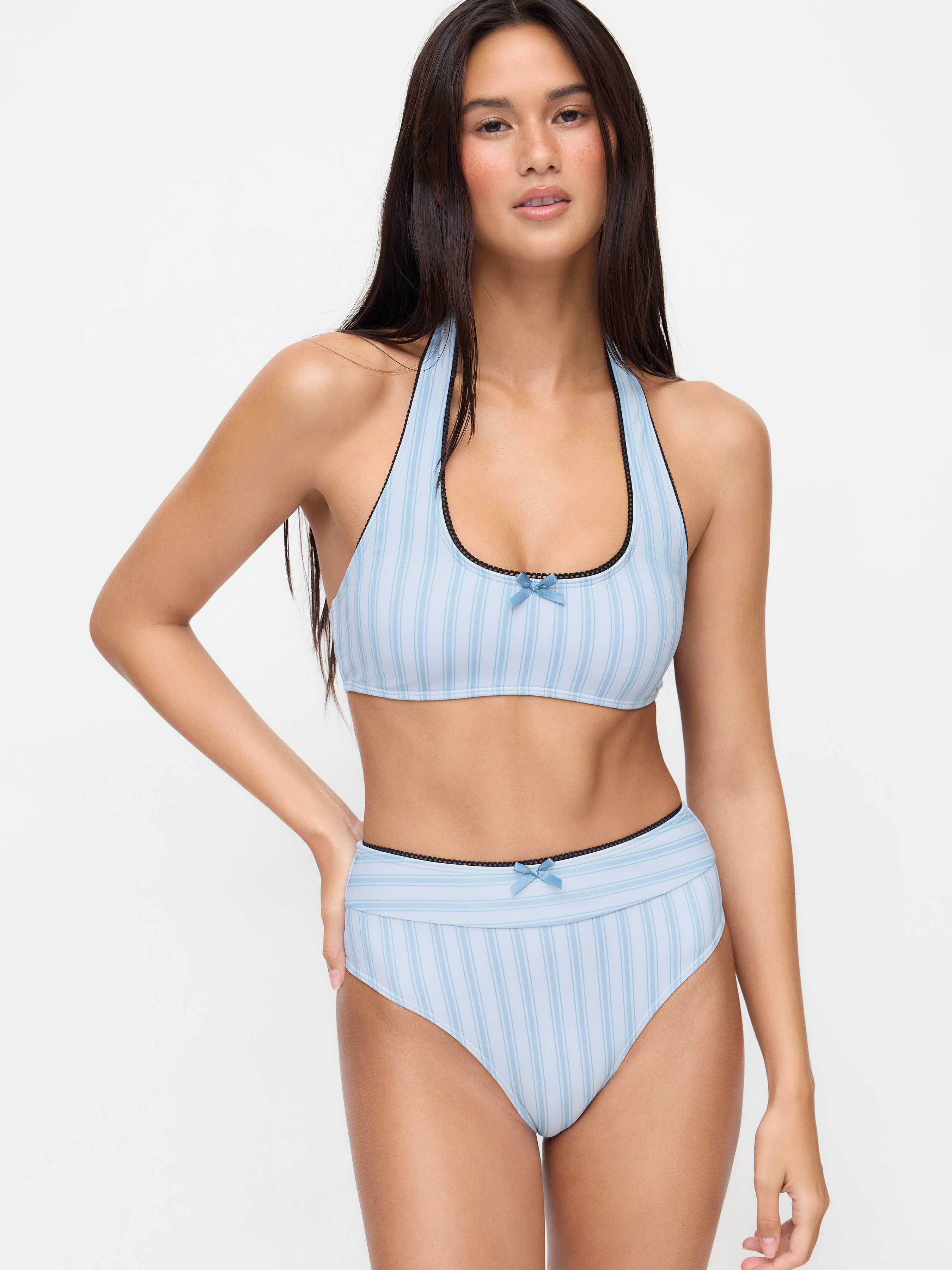 High Stretch Striped Halter Neck Bowknot Bikini Top & Mid Rise Bikini Bottom Set