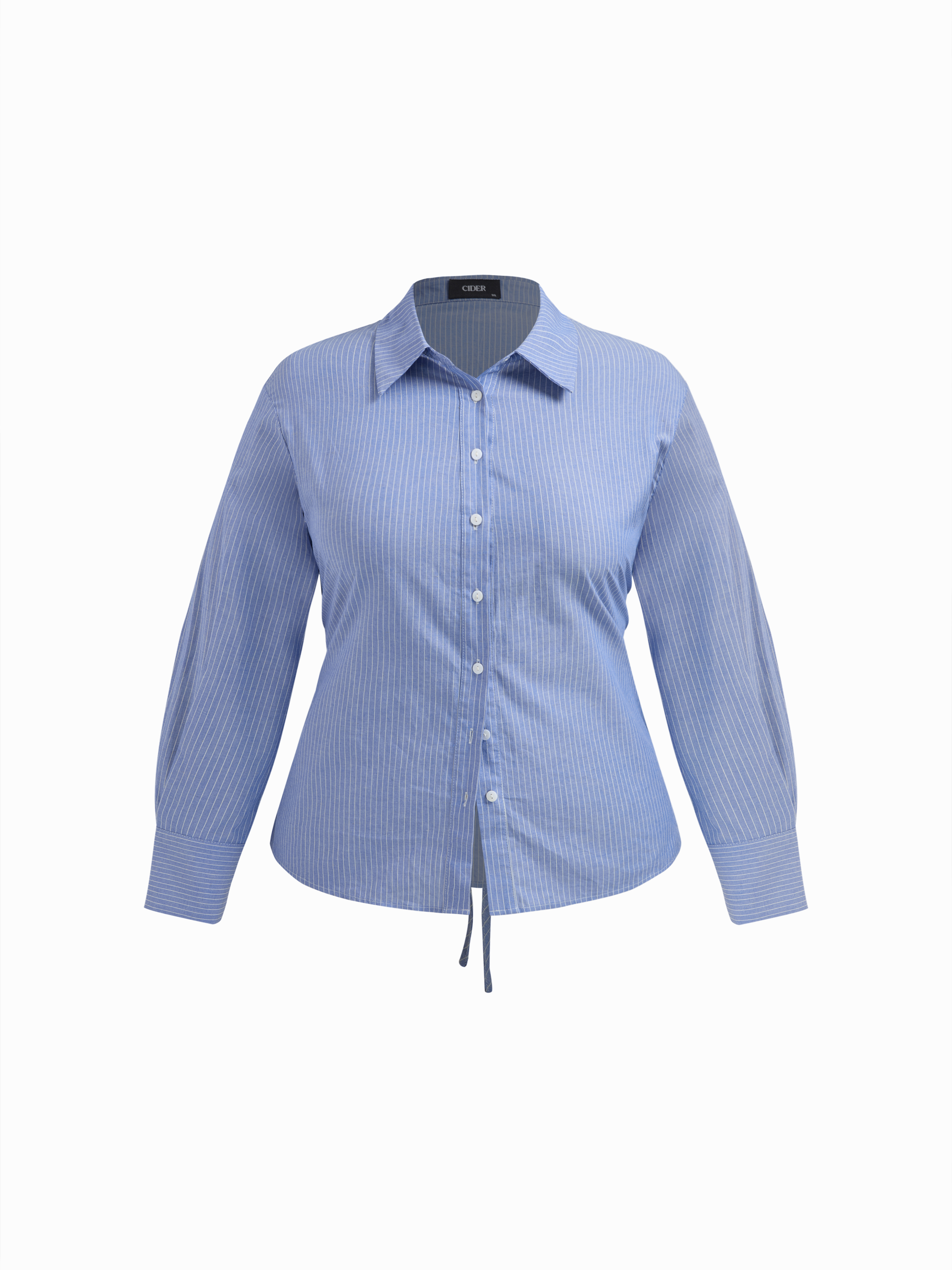 Cotton-blend Striped Collar Twist Knotted Blouse Curve & Plus