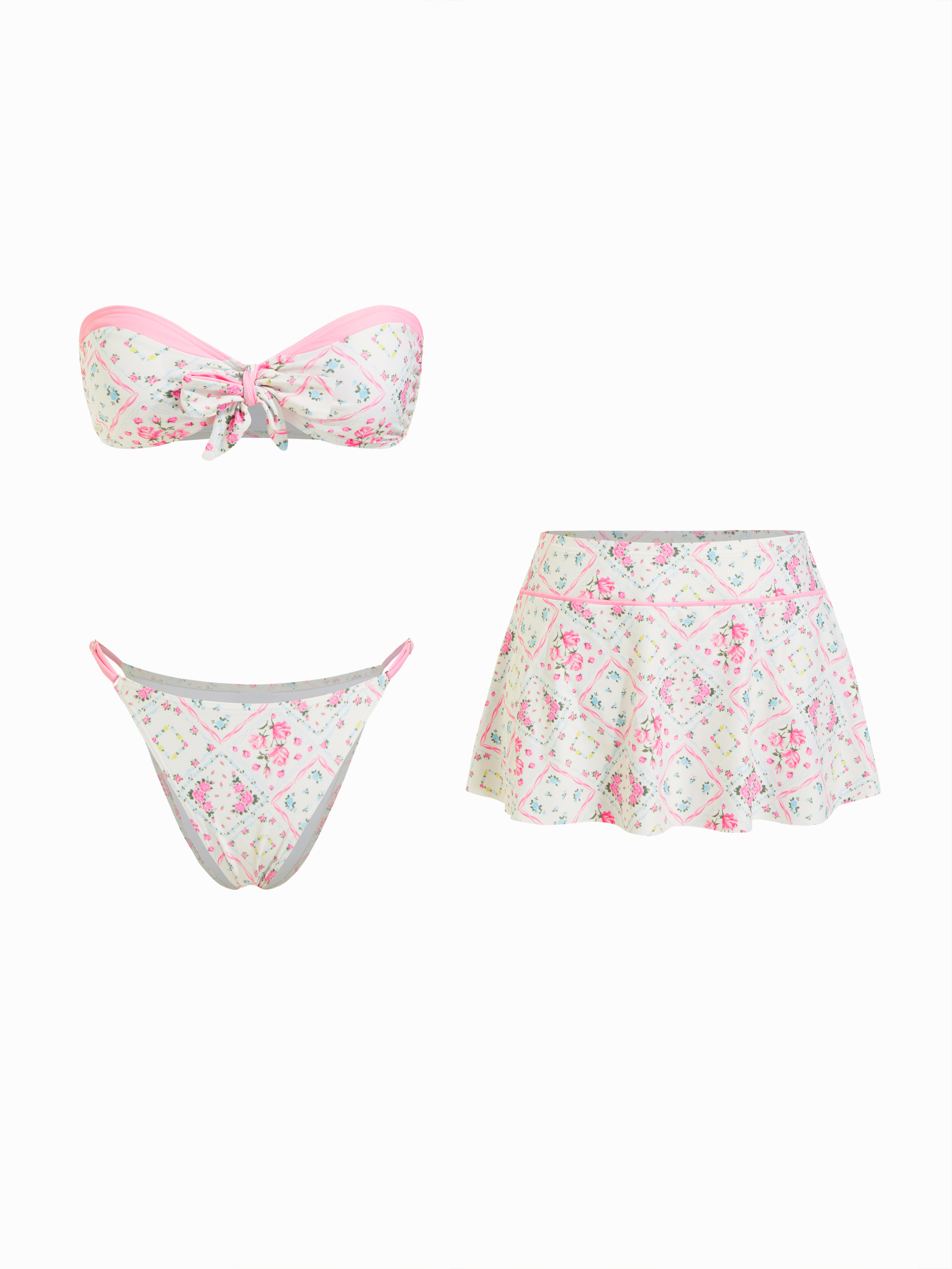 Floral Tile Strapless Bowknot Bandeau & Low Rise Skirt Bikini Set