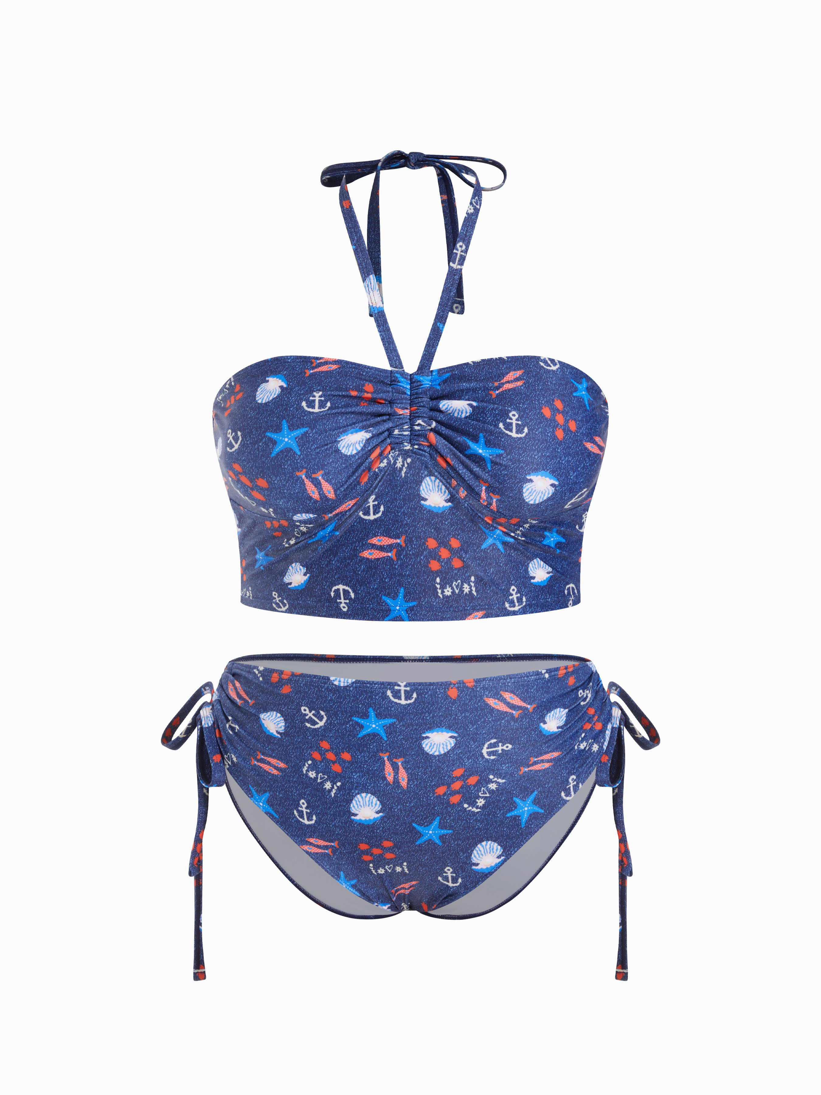 Halter Neckline Nautical Graphic Ruched Tankini & Mid Rise Full Coverage Bikini Bottom Set Curve & Plus