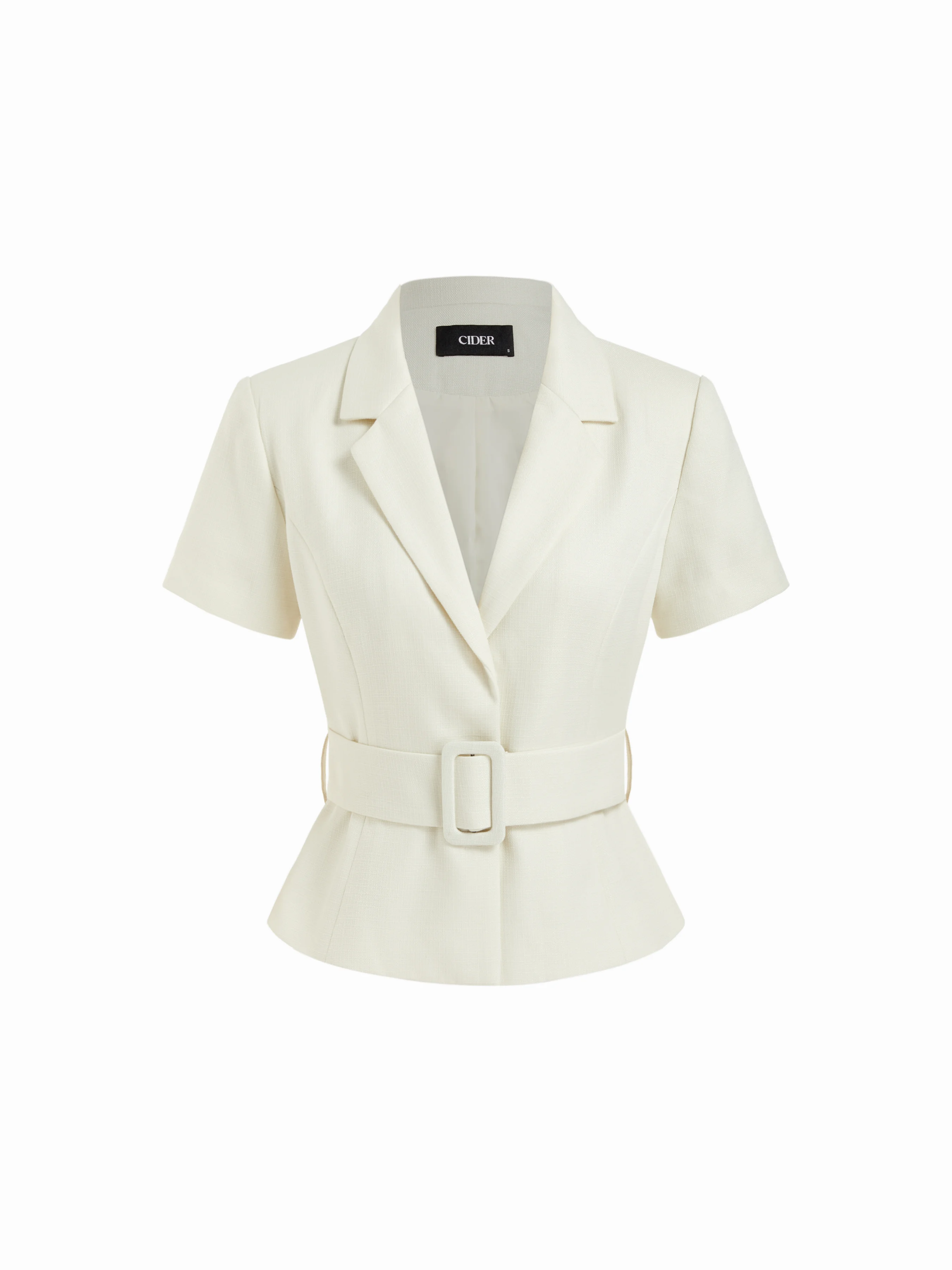 Collar Short Sleeve Peplum Belted Blazer With Shoulder Pads