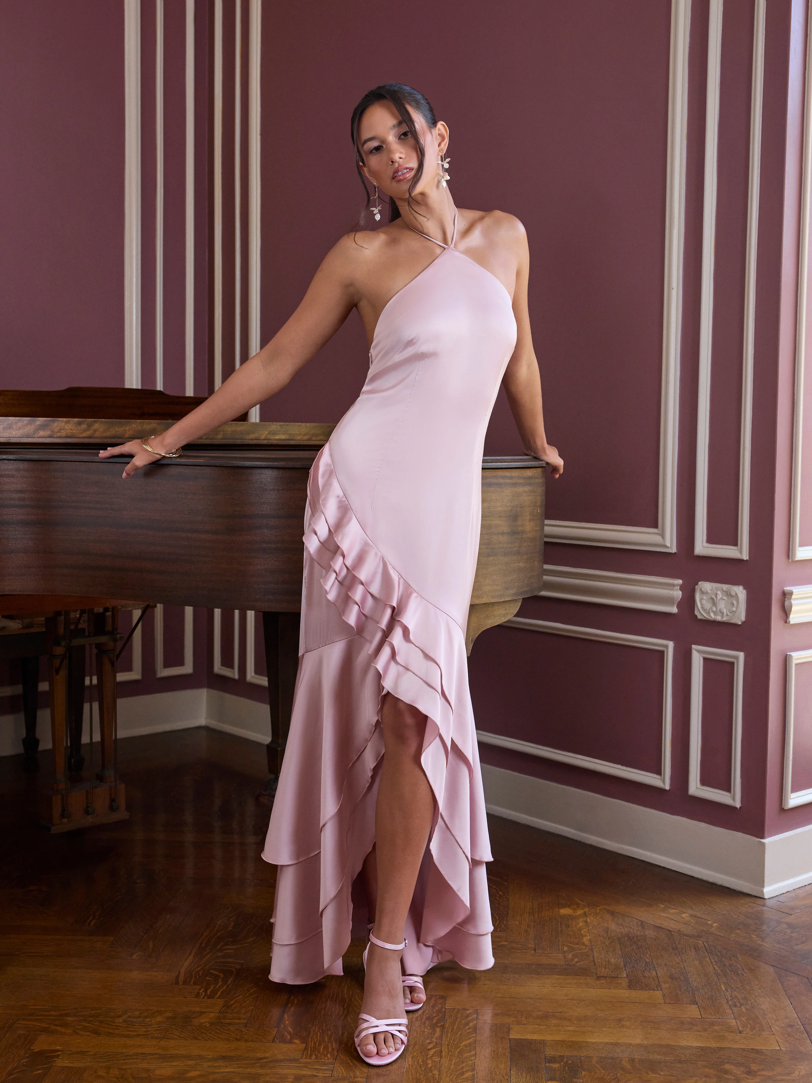 Satin Halter Neckline Ruffle Hem Maxi Split Dress