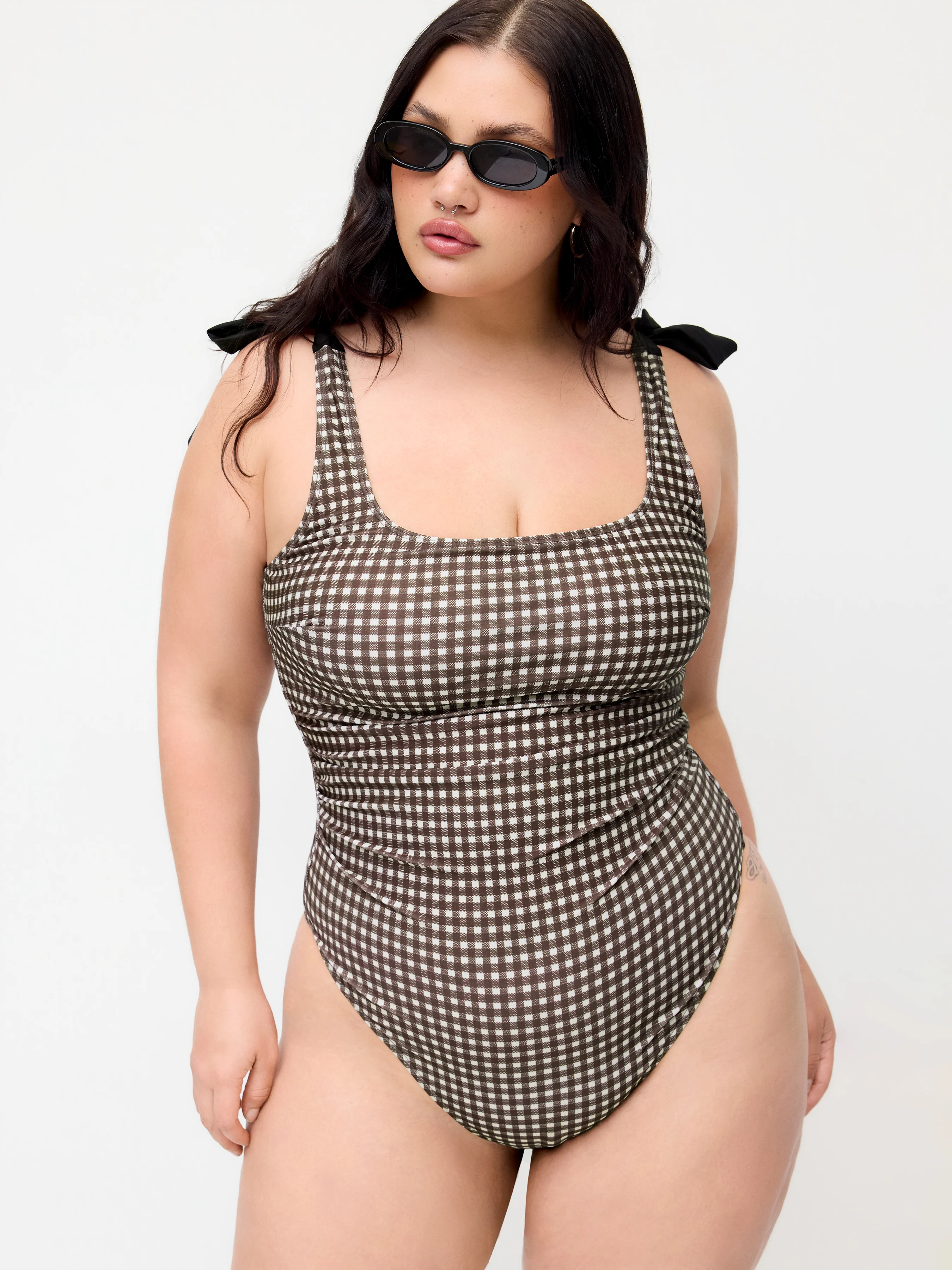 Shaping Gingham Bowknot Ruched One Piece Swimsuit Curve & Plus