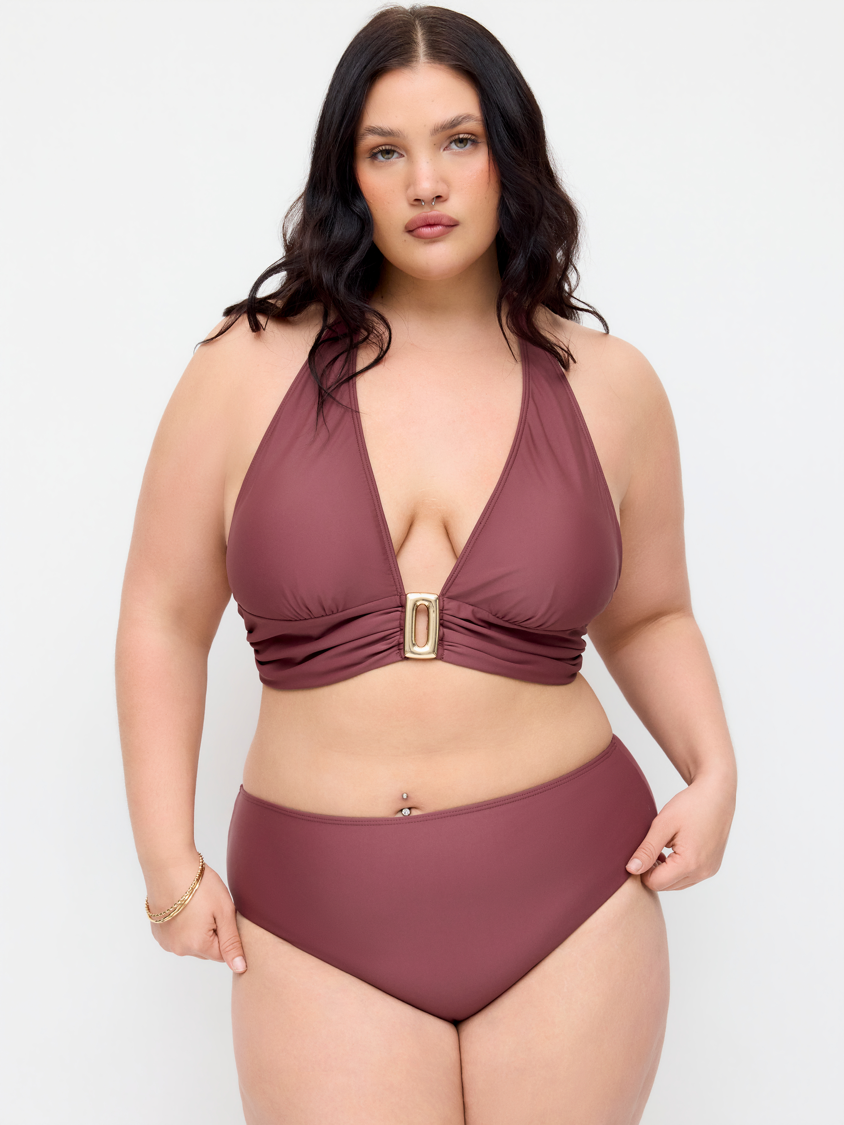 Halter Neck Ruched Metal Detail Bikini Set Curve & Plus