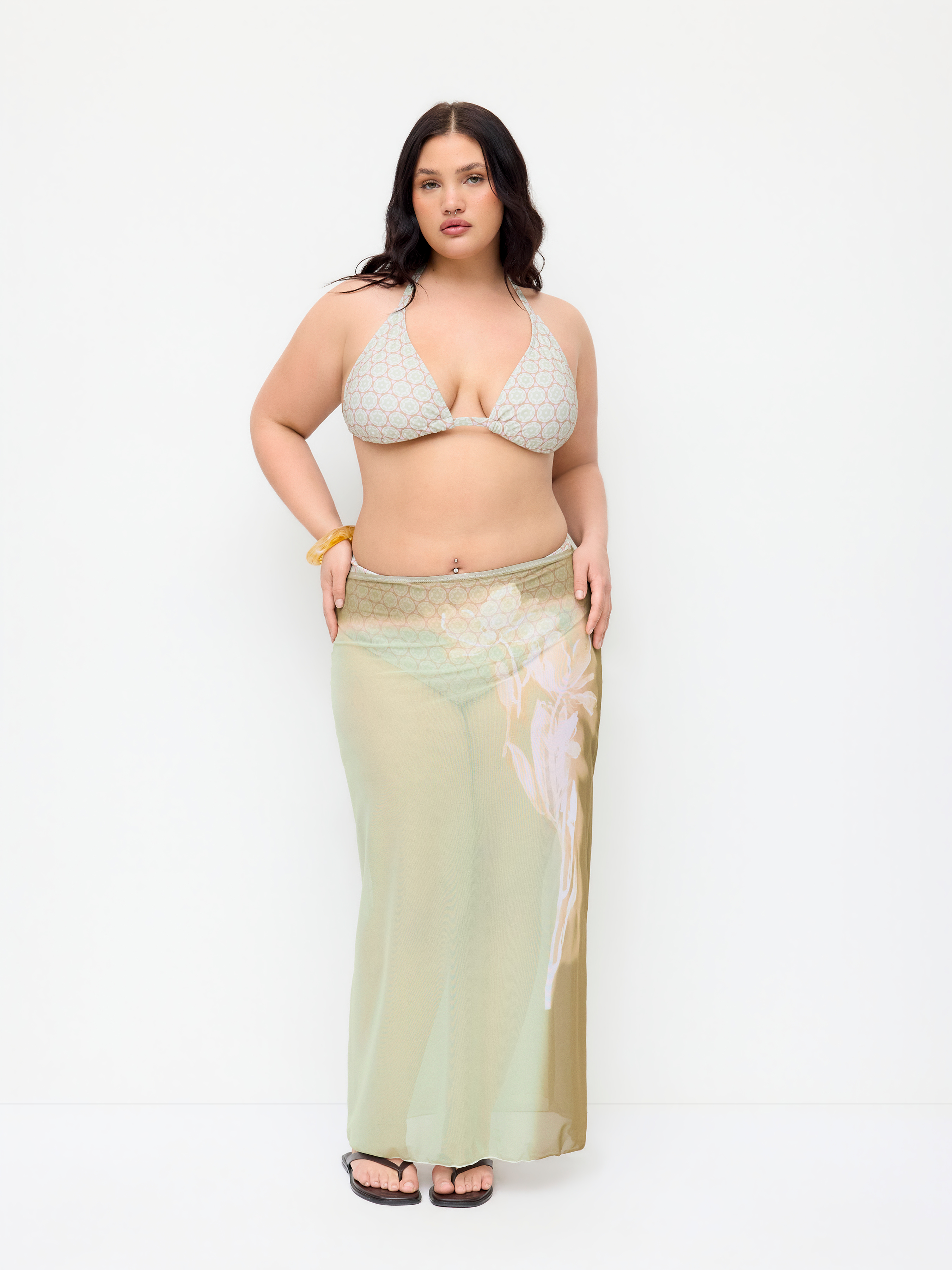 Halter Neckline Geometric Floral Triangle Bikini Set With Sheer Skirt Curve & Plus