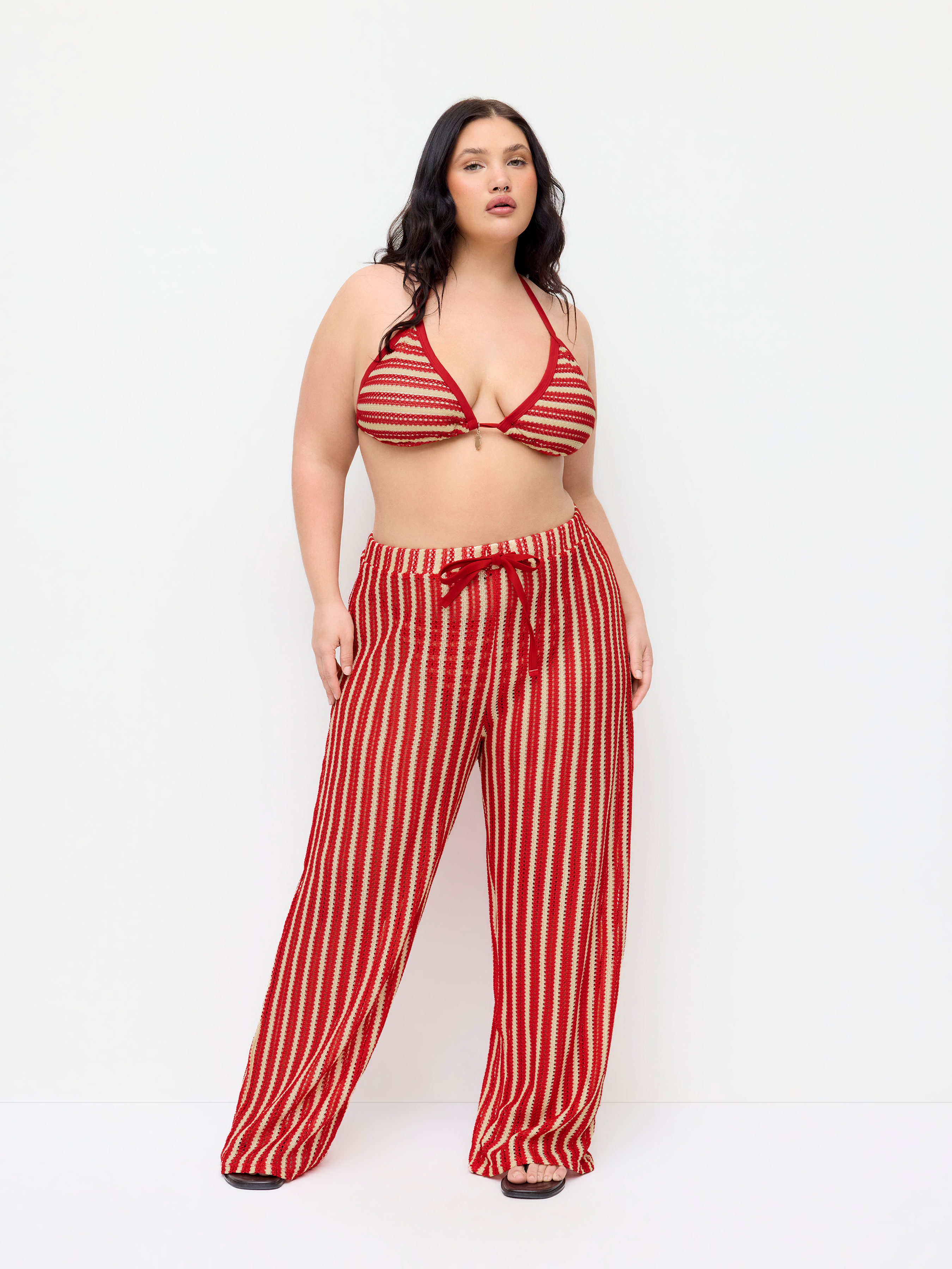 High Stretch Striped Halter Triangle Top & Mid Rise Wide Leg Pants Bikini Set Curve & Plus