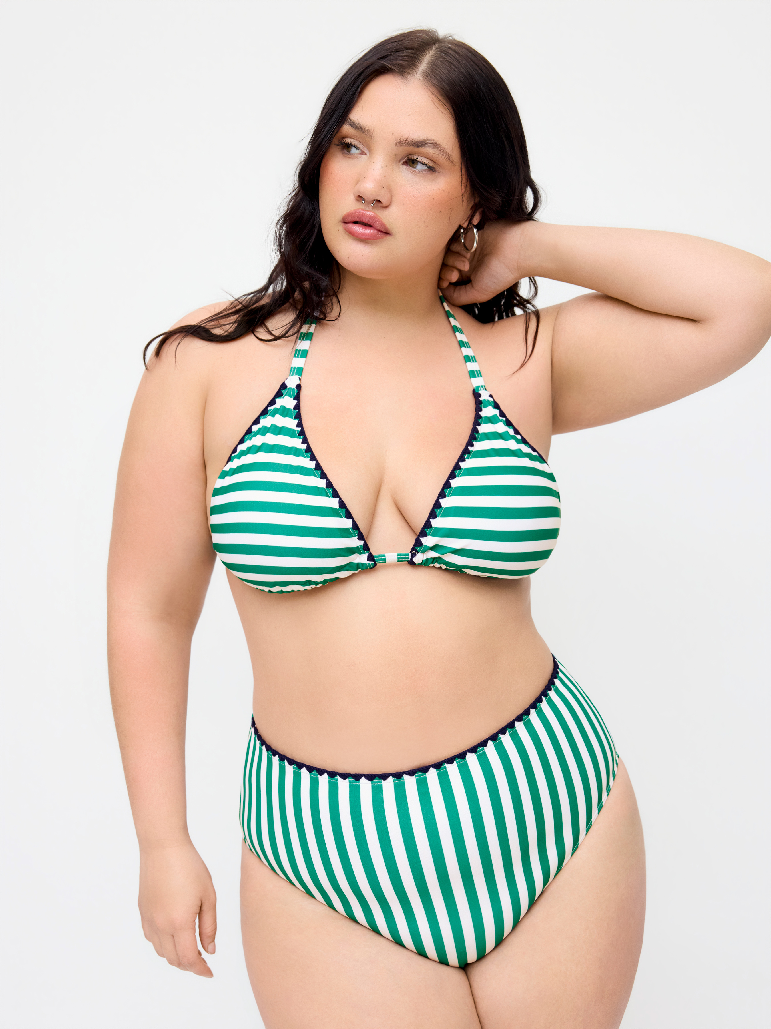 High Stretch Striped V-Neck Contrasting Binding Triangle Bikini Set Curve & Plus