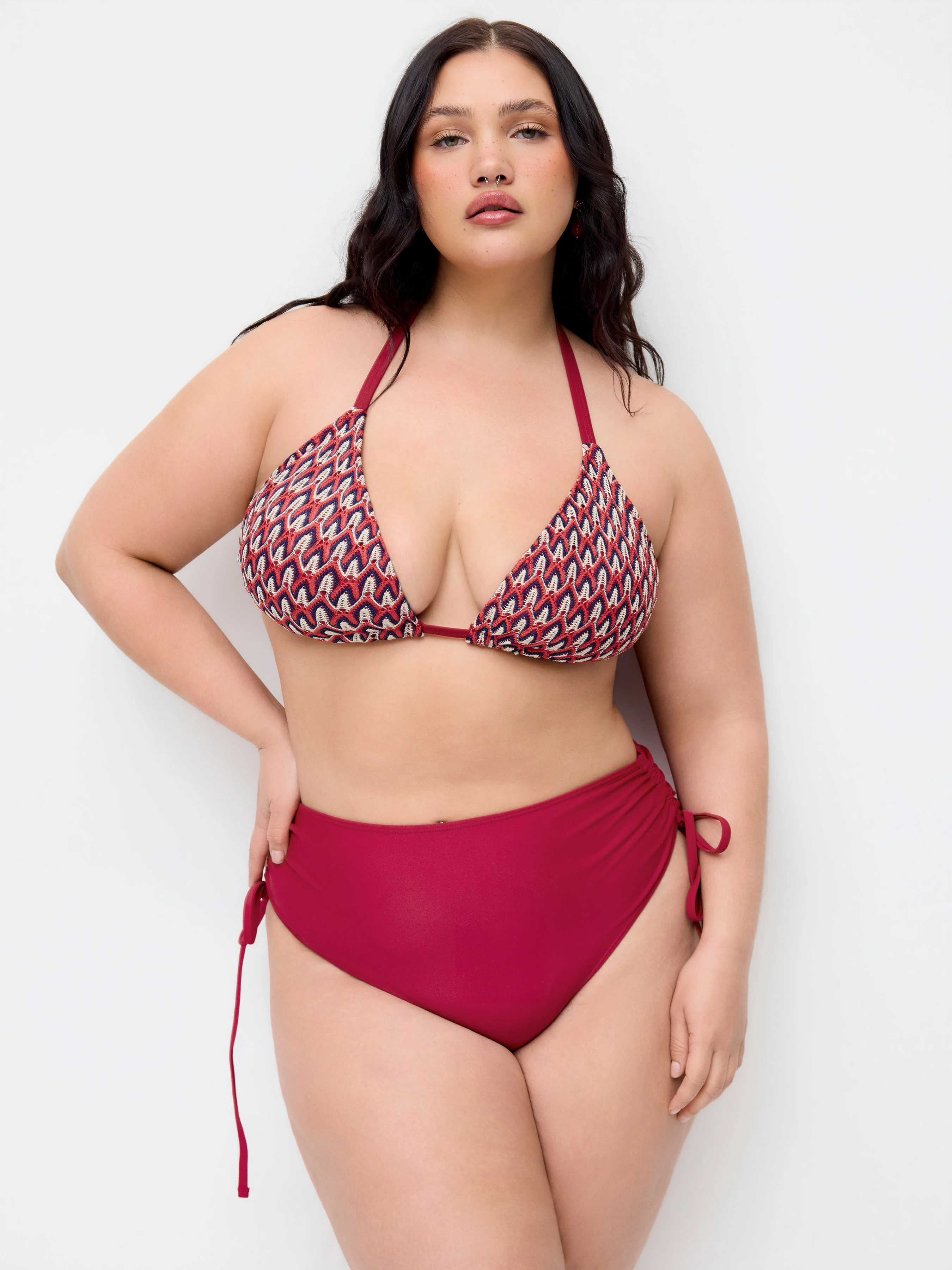 Halter Neckline Geometric Camo Triangle Top & Mid Rise Bikini Set Curve & Plus