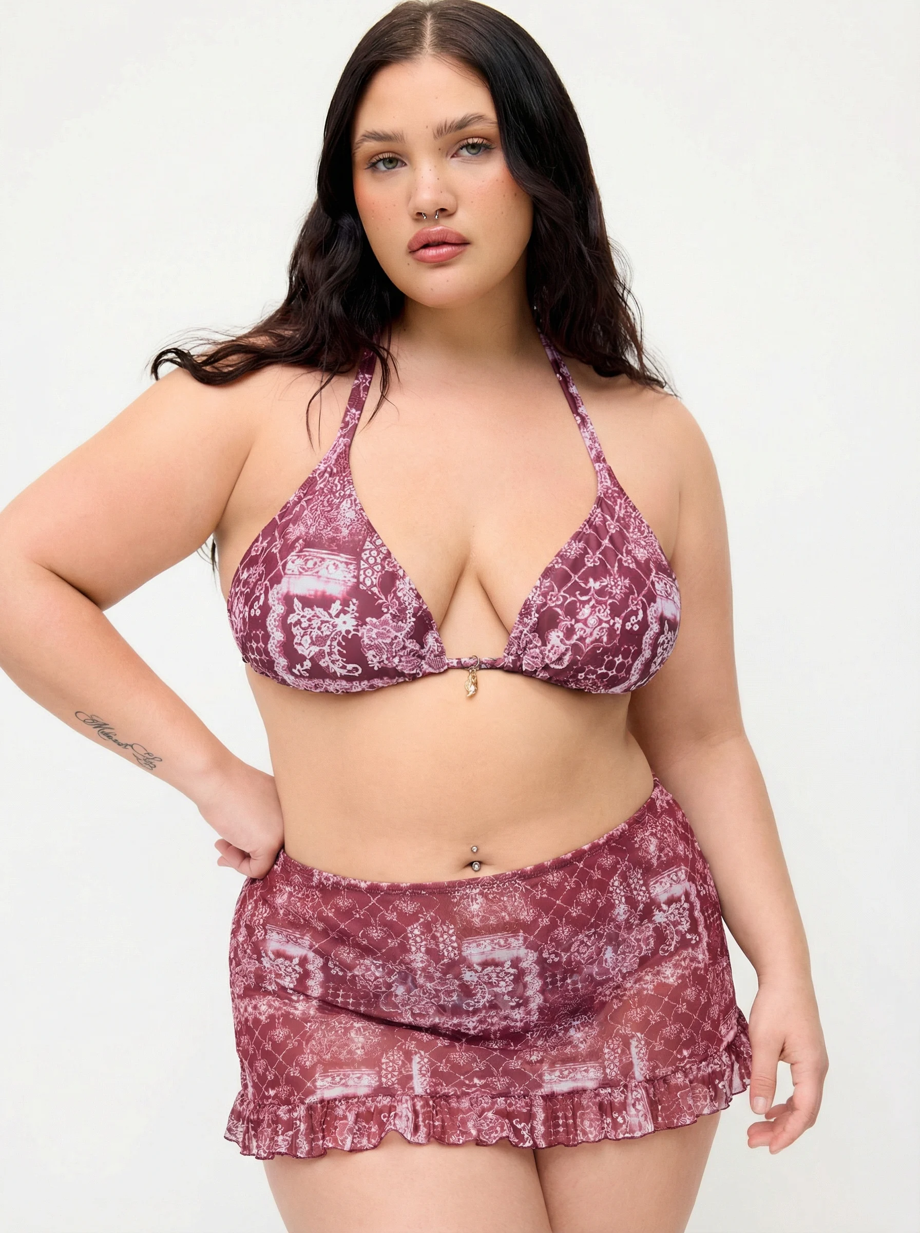 Halter Neckline Tile Print Triangle Top & Tie Side Mid Rise Skirt Three-piece Bikini Set Curve & Plus