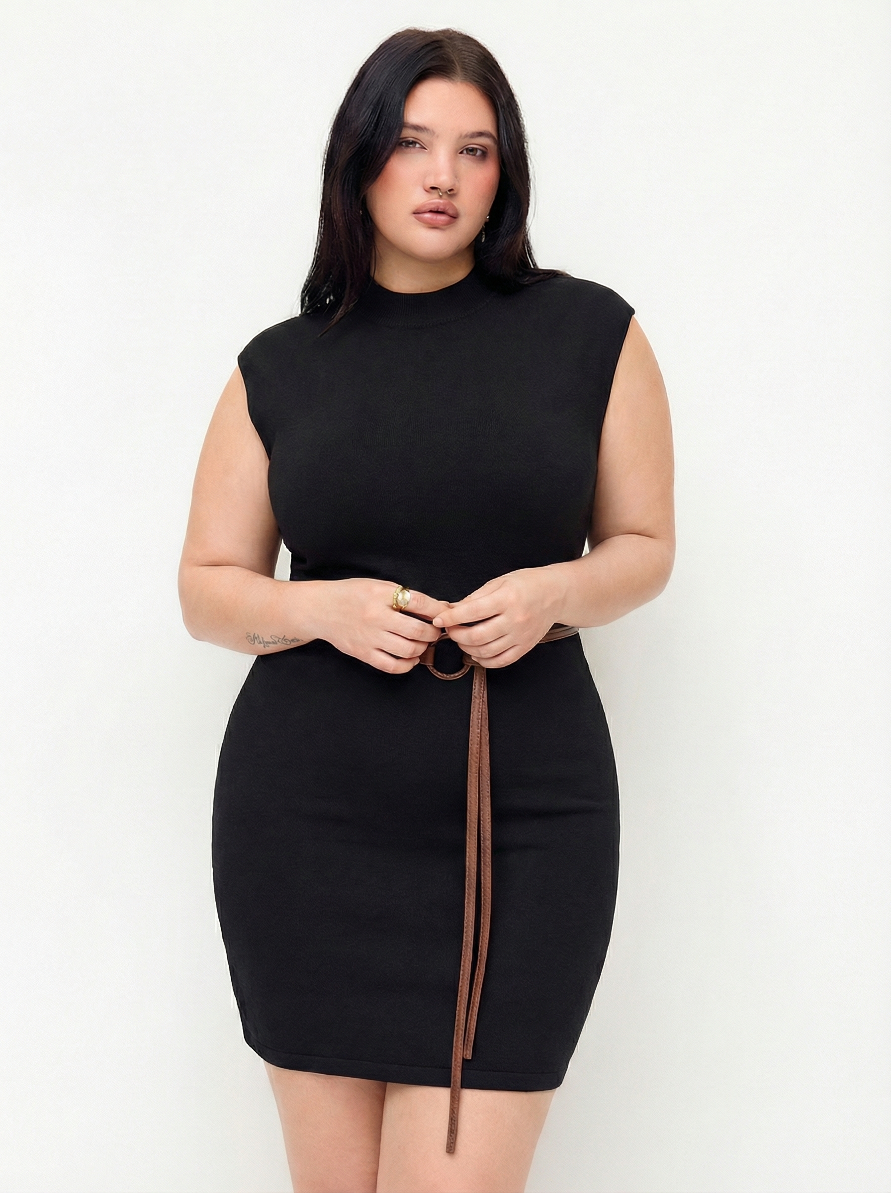 Knit Stand Collar Straight Mini Dress With Belt Curve & Plus