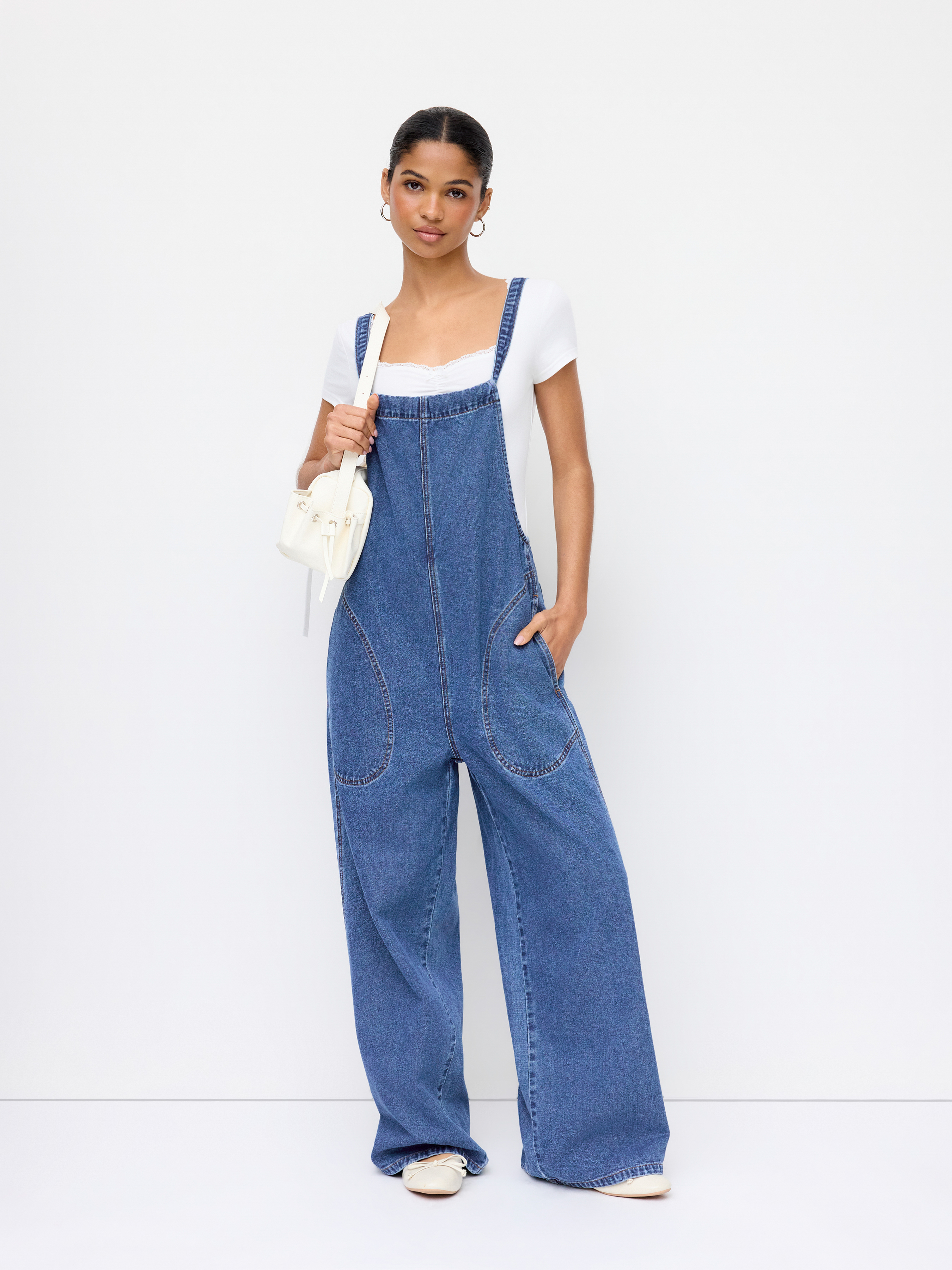 Denim Bowknot Mid Rise Wide Leg Overalls