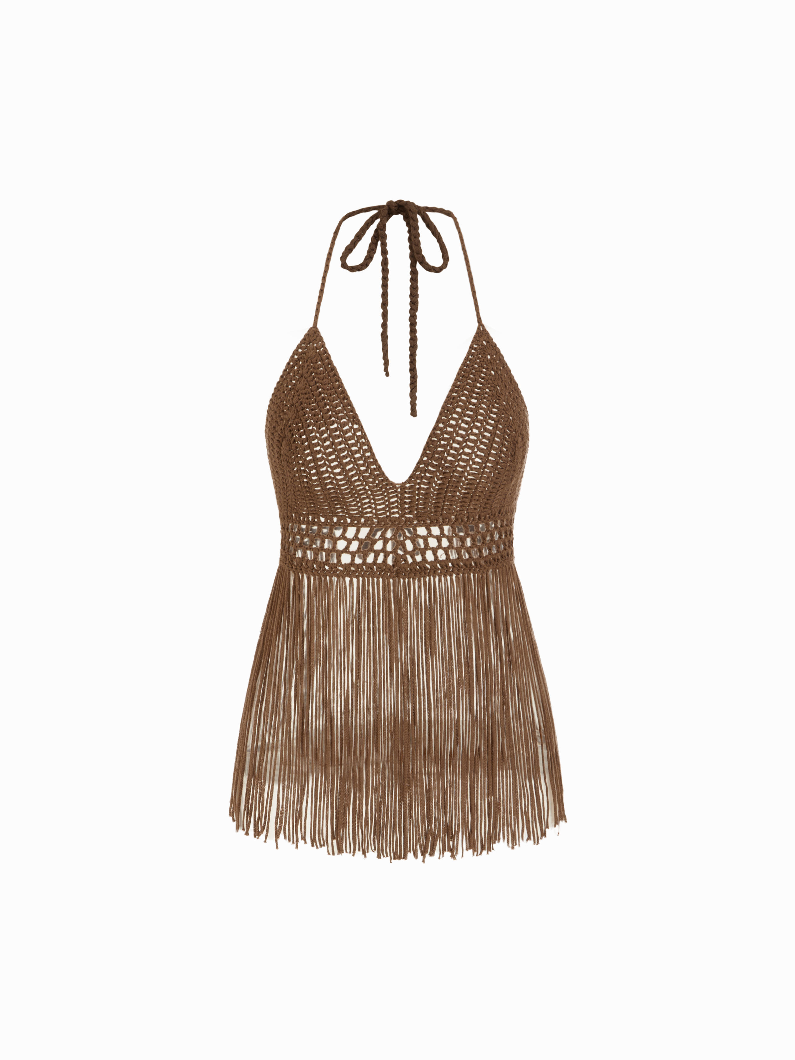Knit Halter Neckline Hollow Out Crochet Fringe Trim Cover Up Skirt