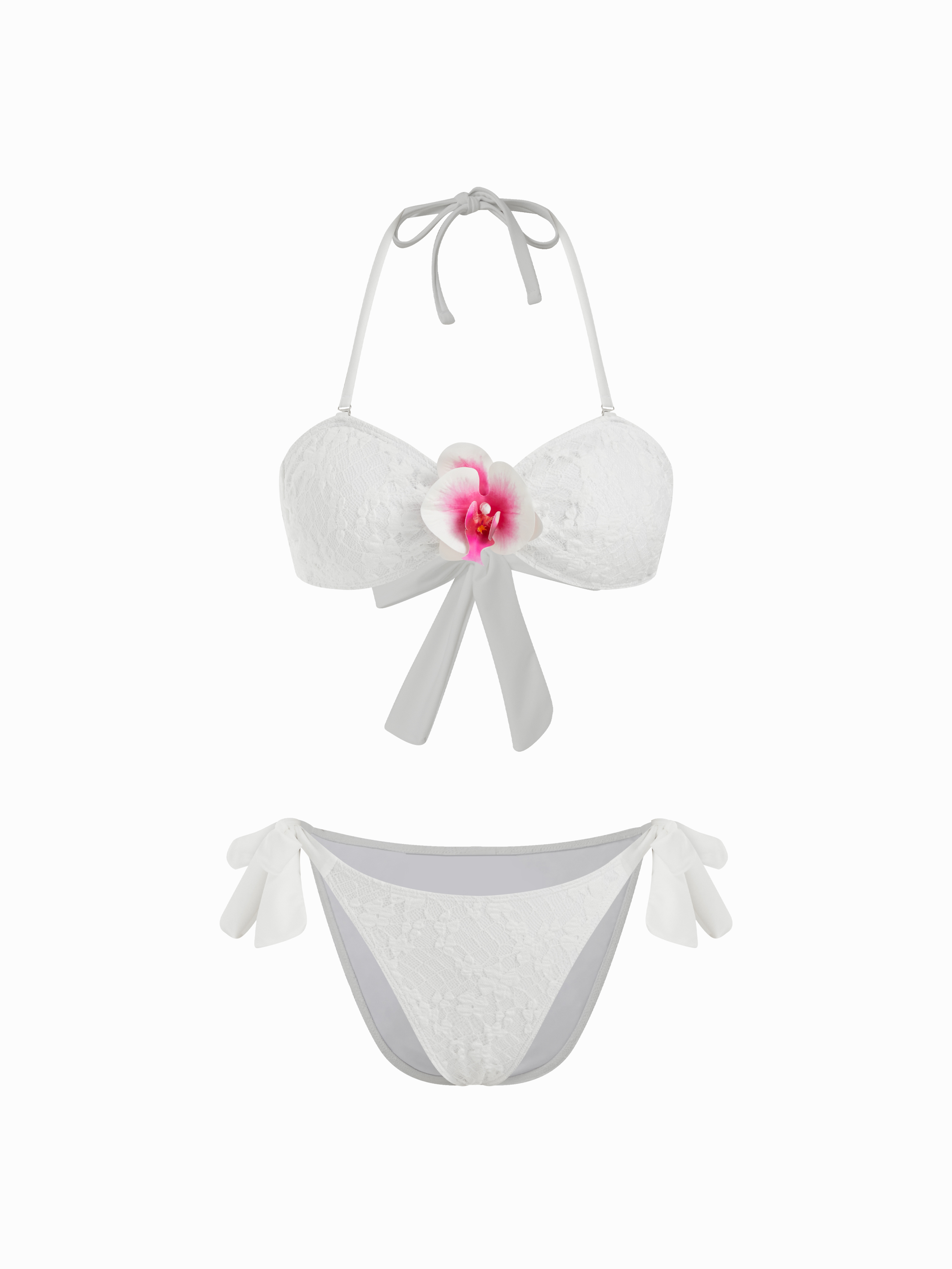 Lace Flower Detail Bandeau & Low Rise Tie Side Bikini Set