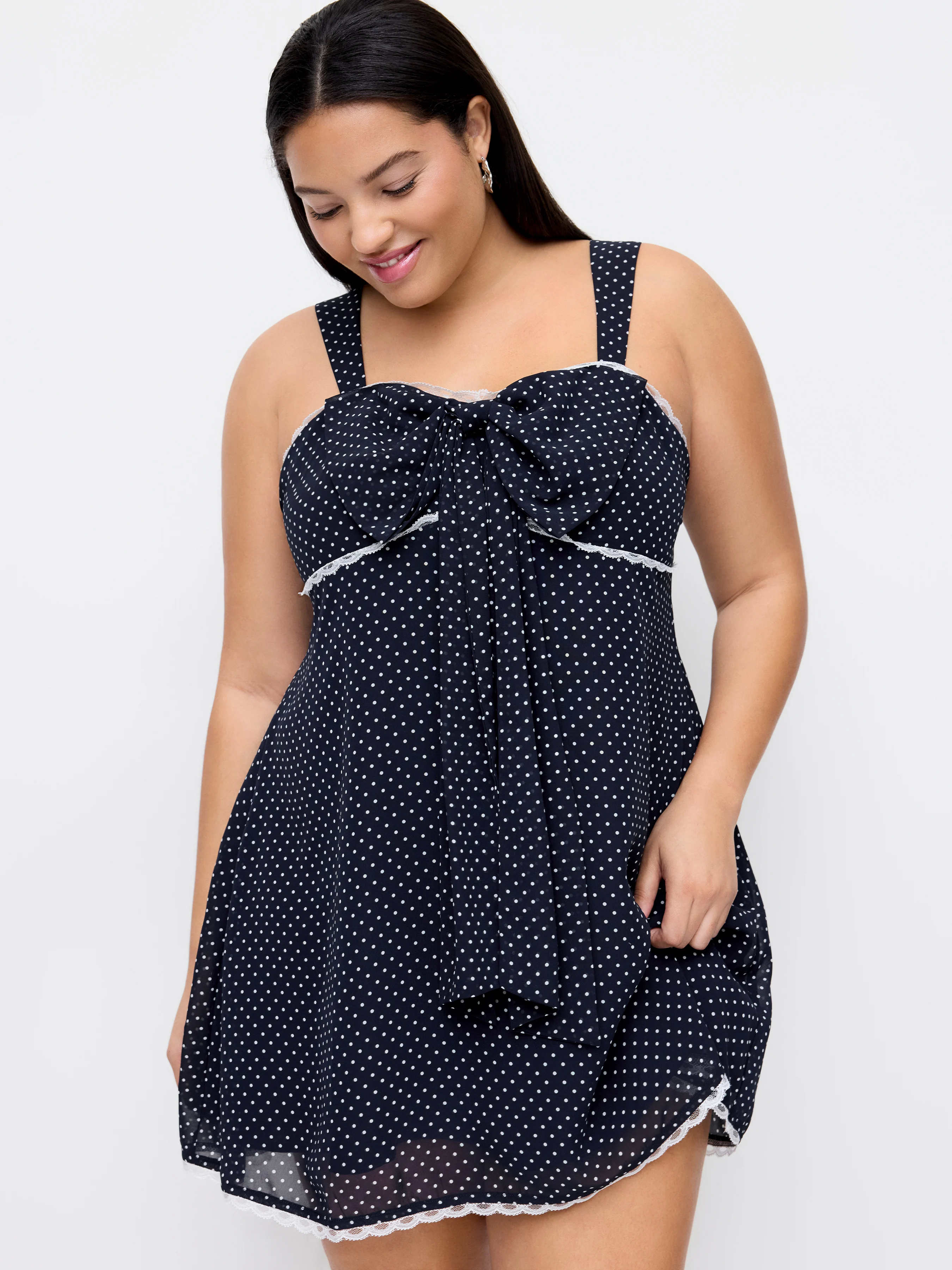 Chiffon Sweetheart Bowknot Polka Dot A-line Mini Dress Curve & Plus