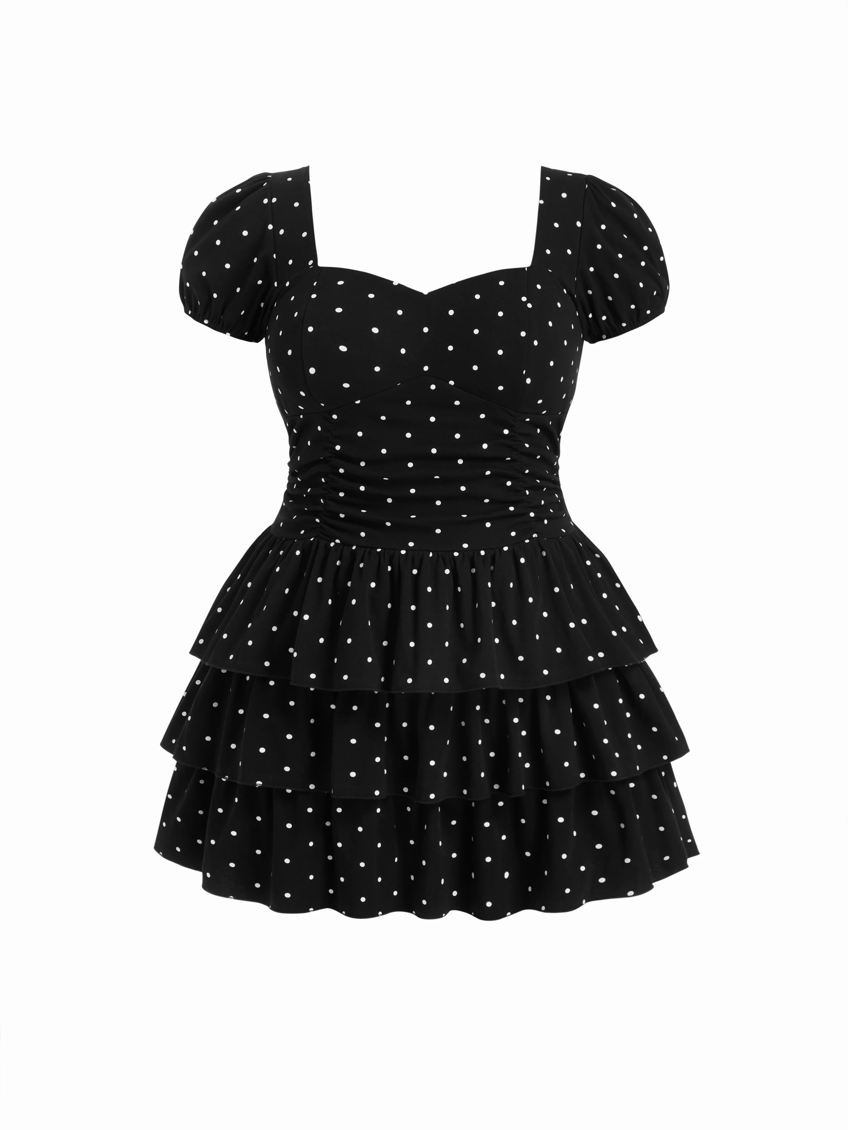 Cotton-blend Sweetheart Puff Sleeve Ruched Tiered Mini Dress Curve & Plus
