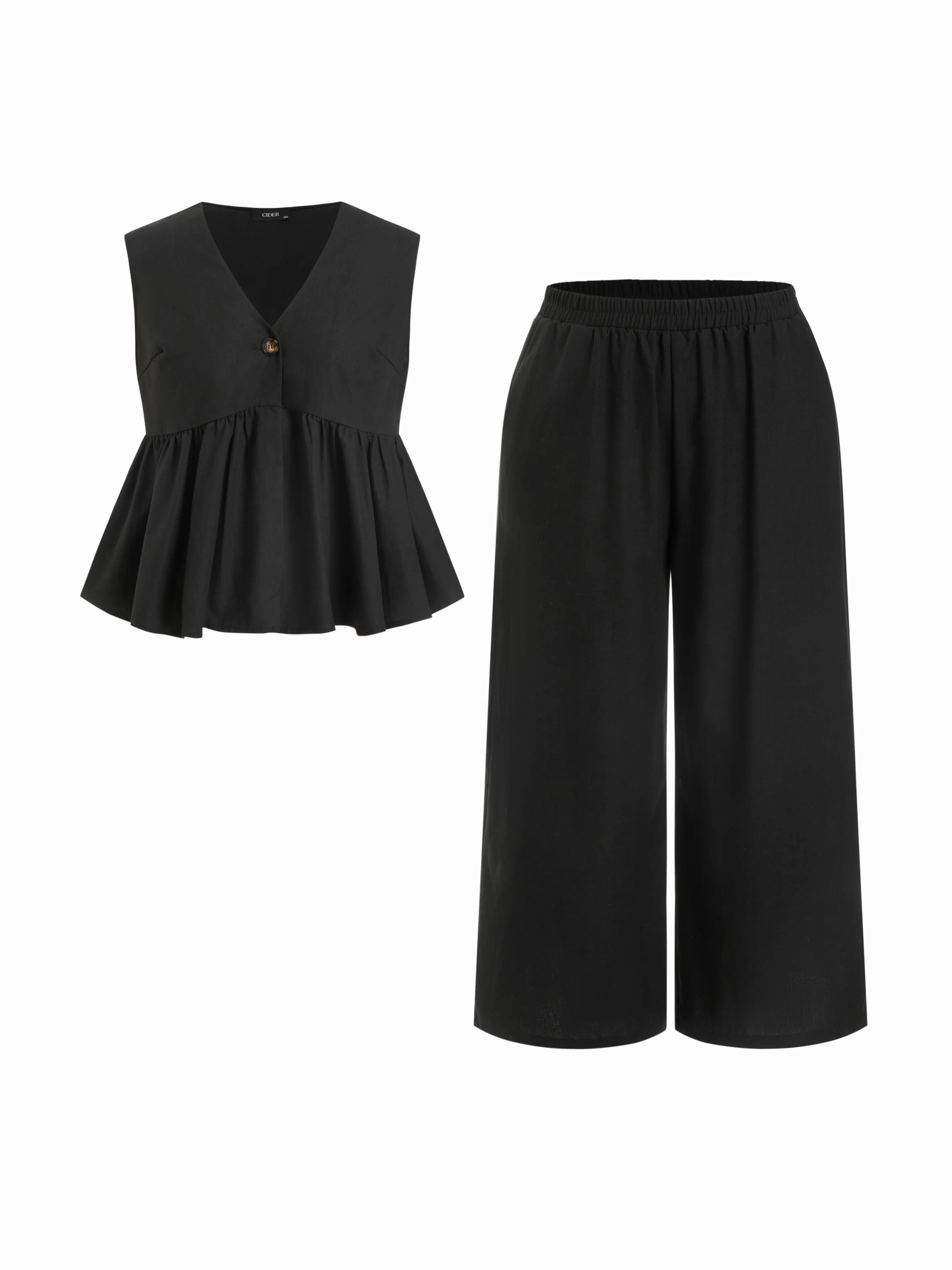 Linen-blend V-neck Ruched Peplum Top & Mid Rise Wide Leg Trousers Set Curve & Plus
