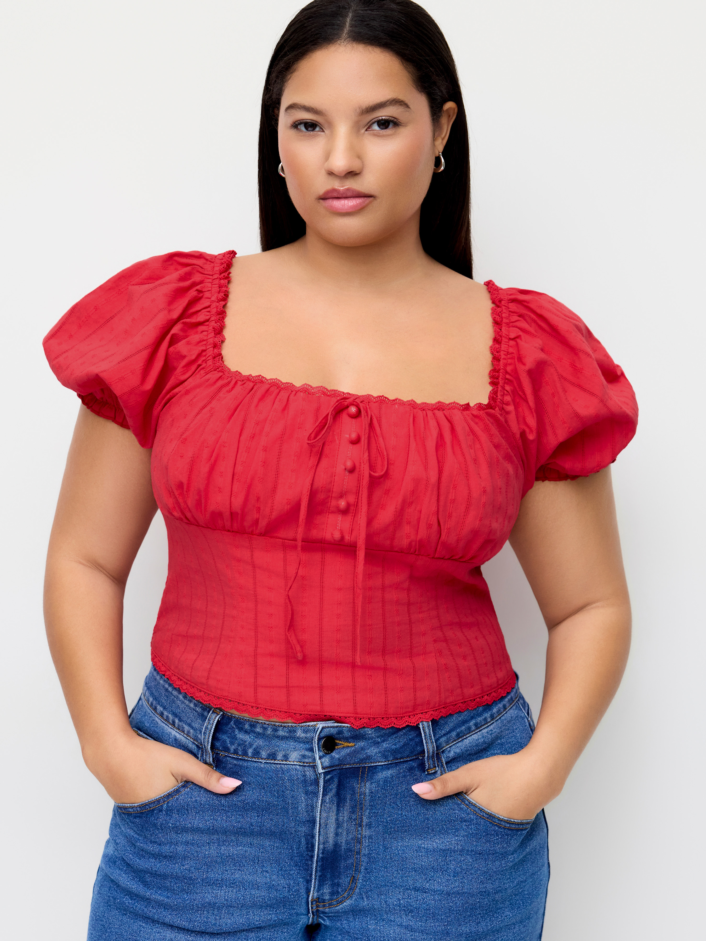 Cotton Broderie Anglaise Puff Sleeve Crop Blouse Curve & Plus