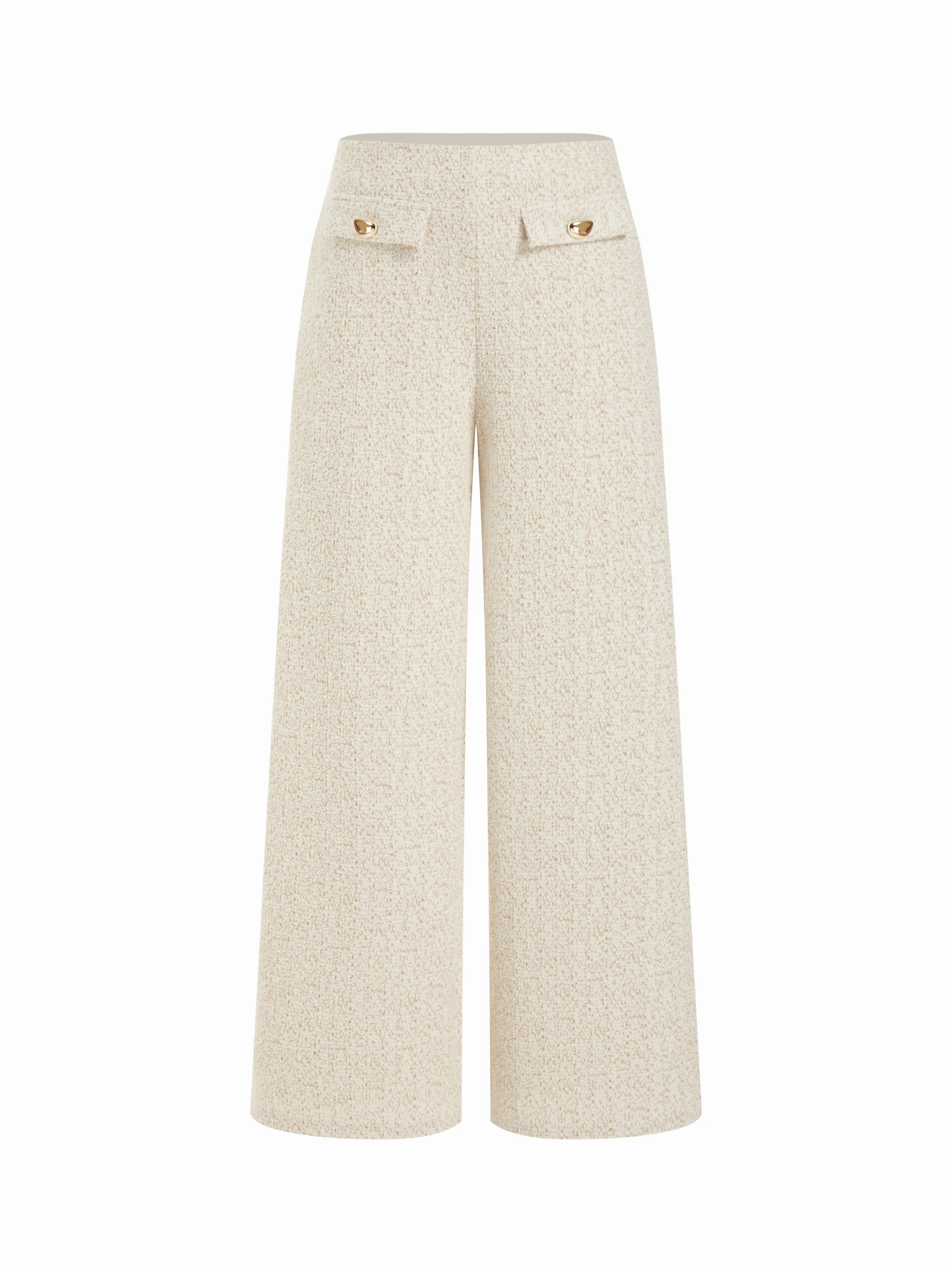Cotton-blend Textured Mid Rise Wide Leg Trousers With Metal Detail