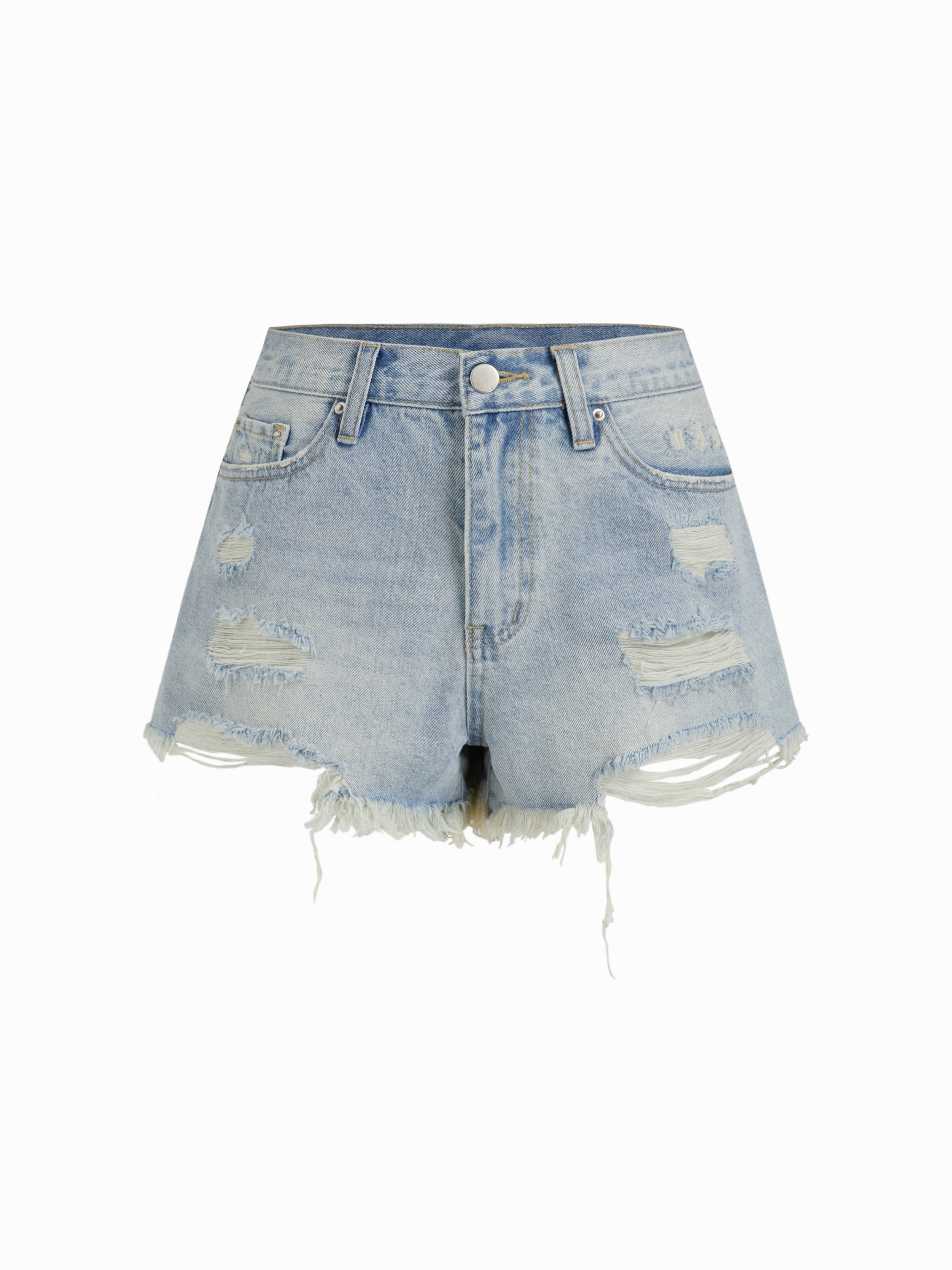 Washed Denim Low Rise Raw Hem Ripped Shorts